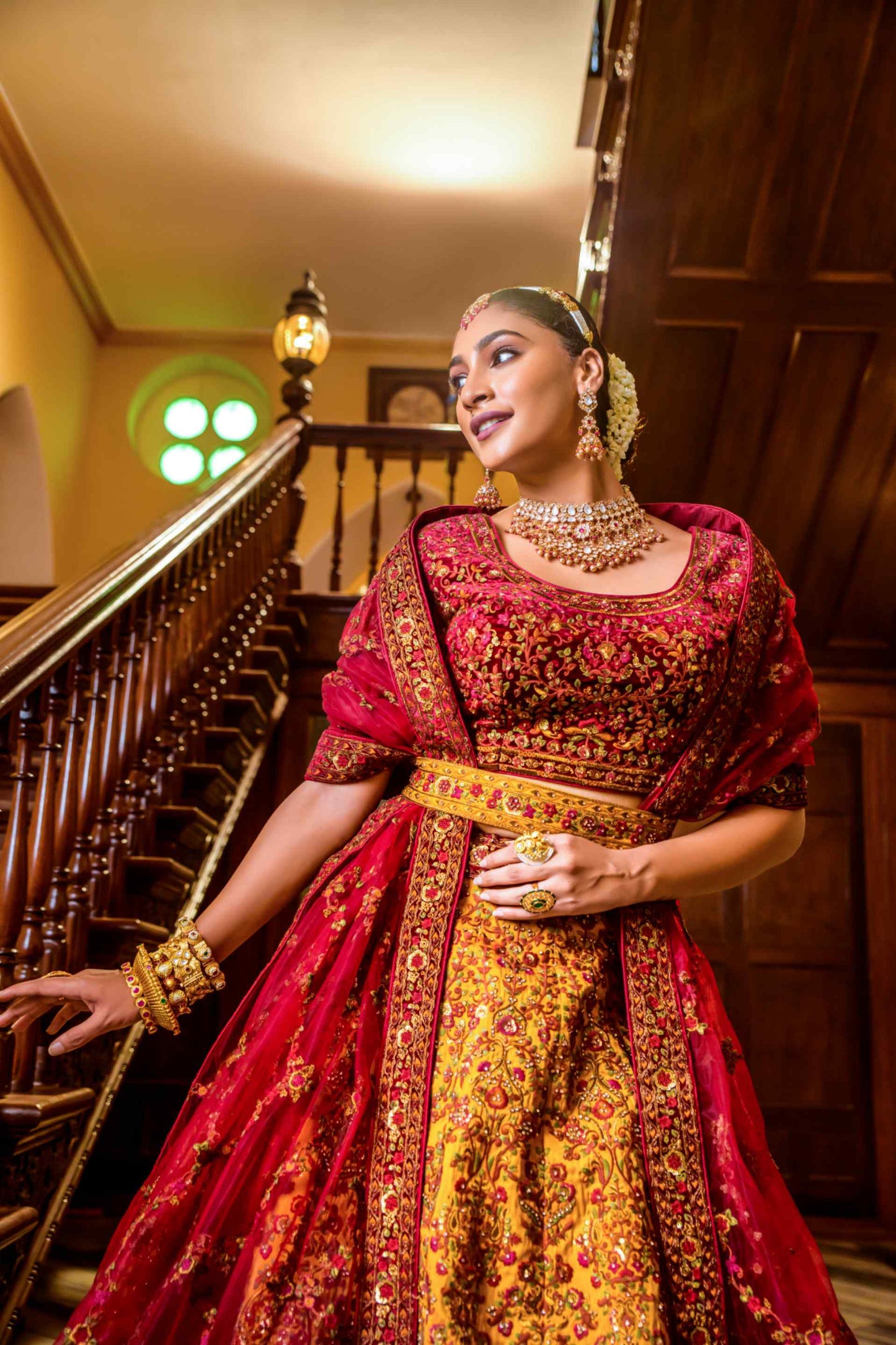 Red, Yellow Velvet Sequins Embroidered Indian Bridal lehenga