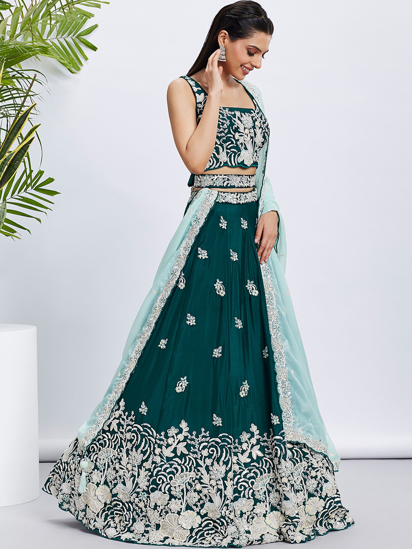 Green Pure Georgette Sequins and thread embroidery Lehenga choli