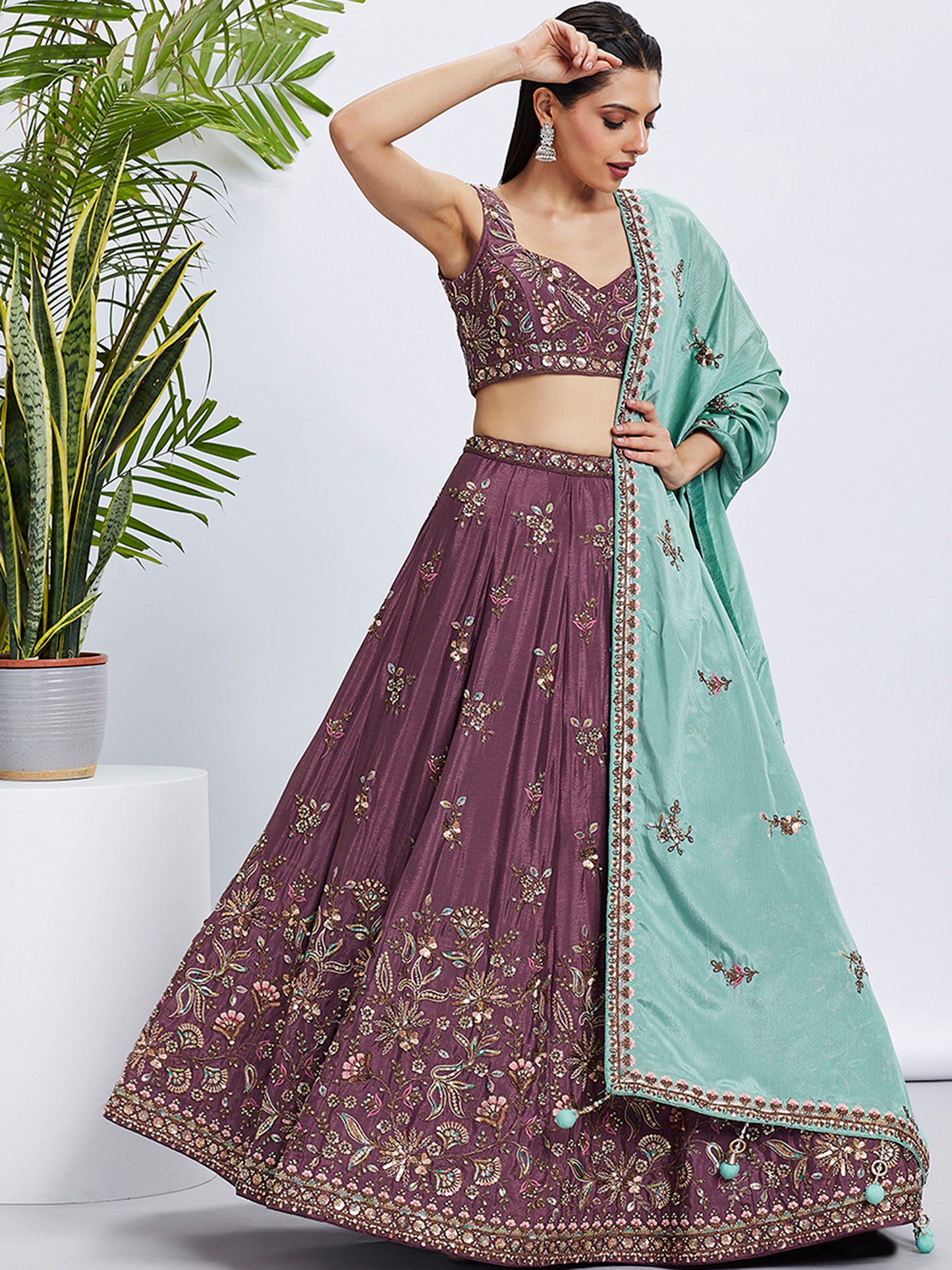 Rose gold Pure Chiffon Sequins and thread embroidery Lehenga choli & Dupatta