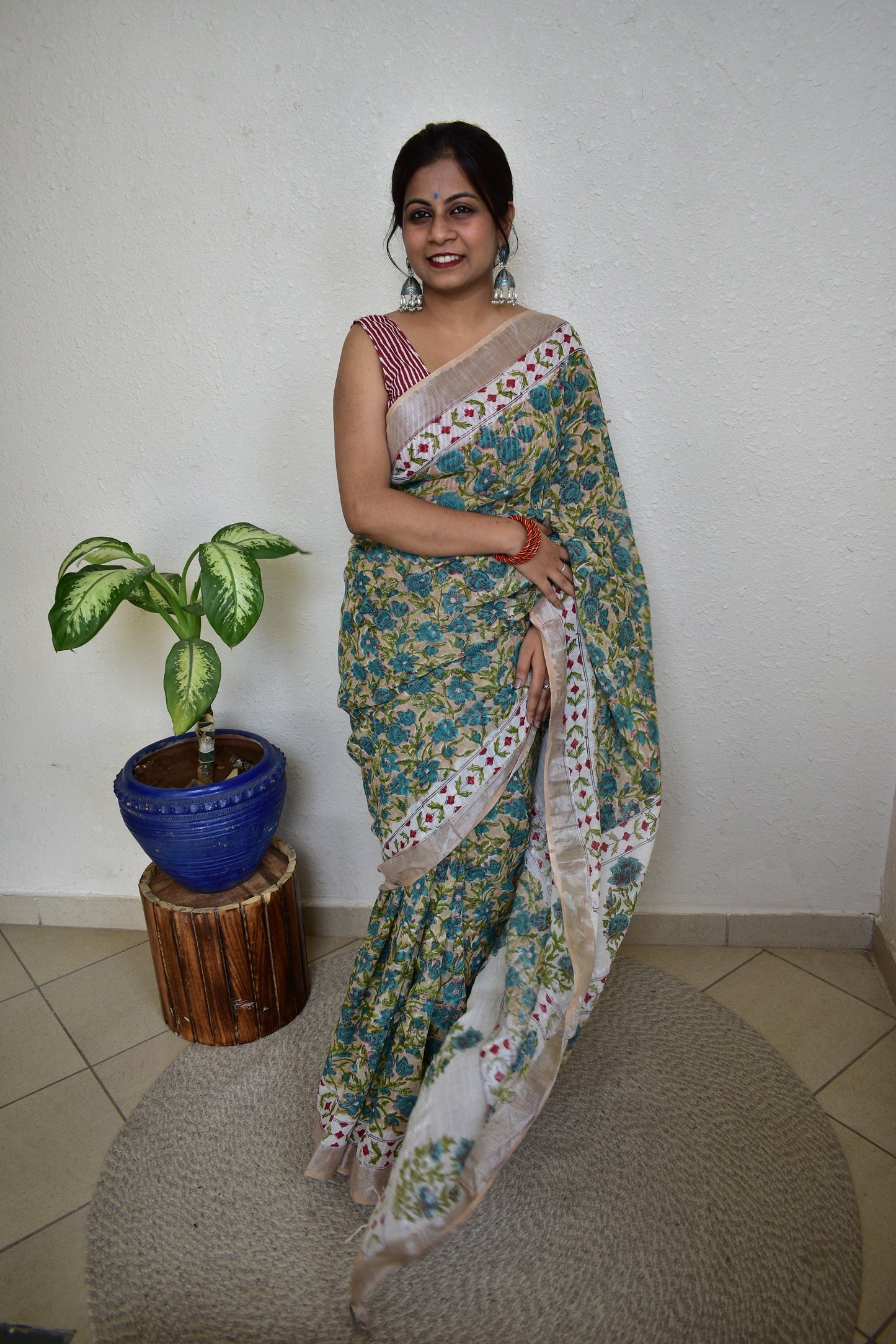 Delphinium - Green Handblock Print Natural Dyed - Linen Cotton Saree