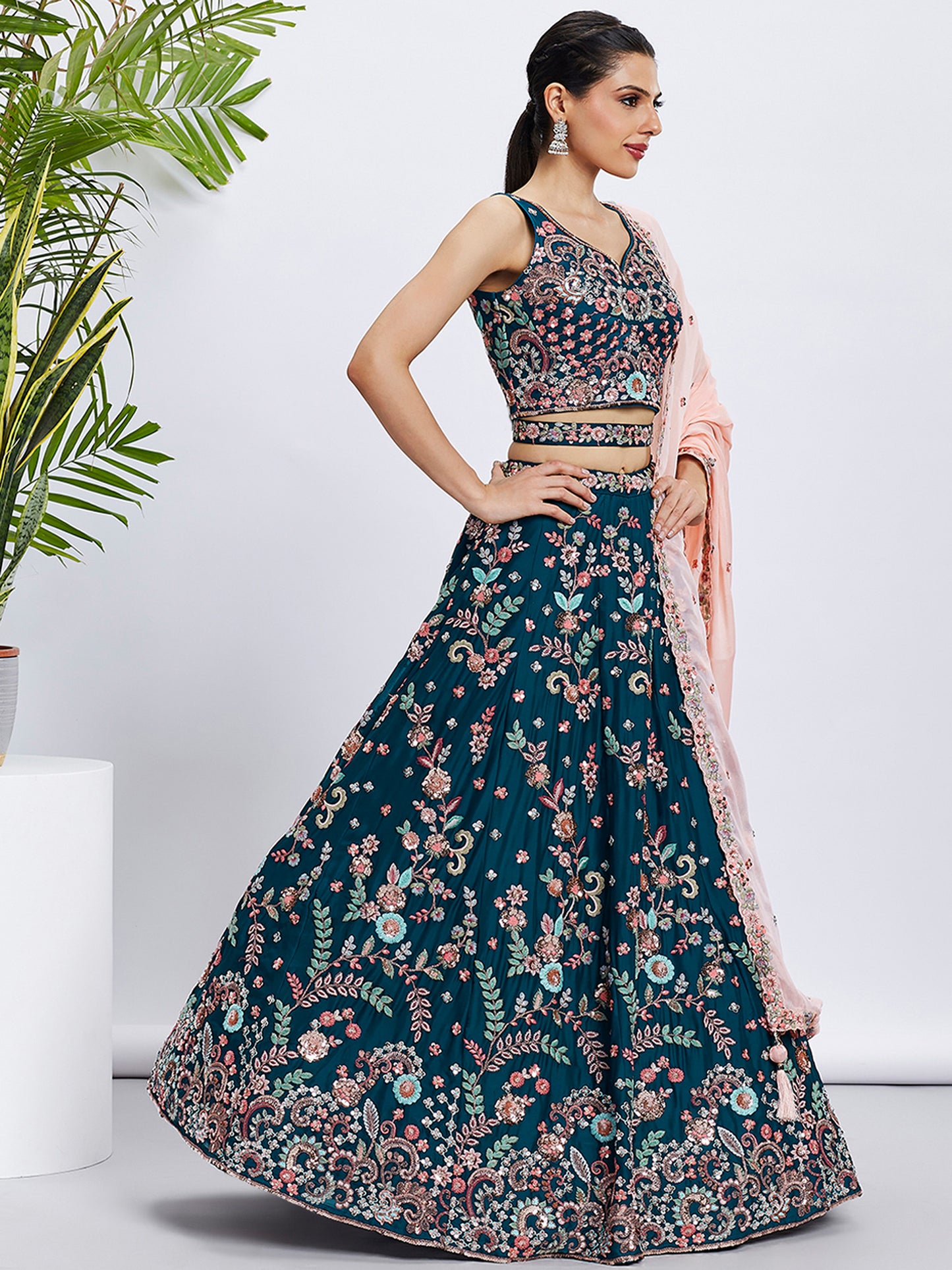 Teal Pure Georgette Sequins and thread embroidery Lehenga choli