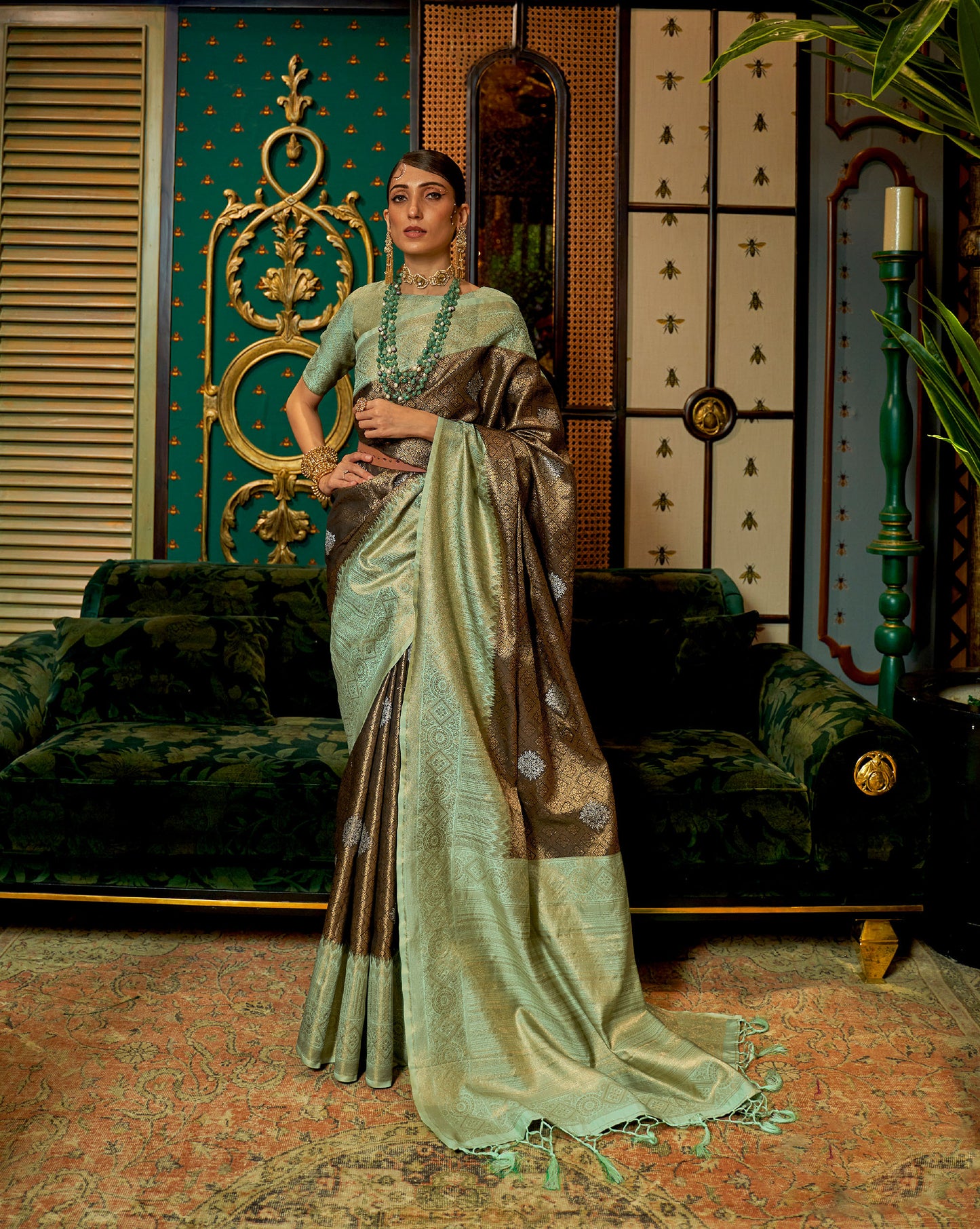 Sage green Kanishka Zari Handloom Silk Saree