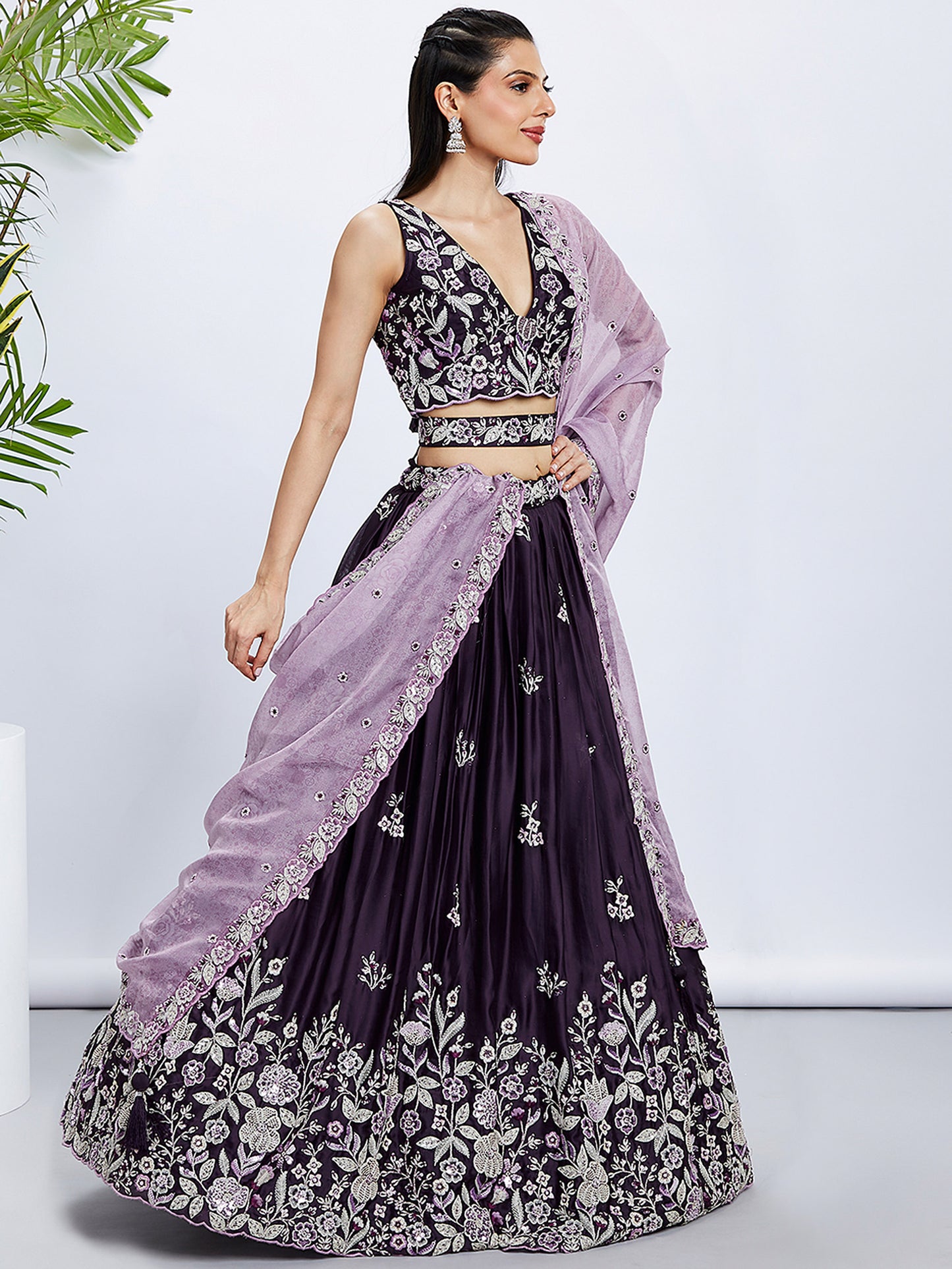 Purple Pure Georgette Sequins and thread embroidery Lehenga