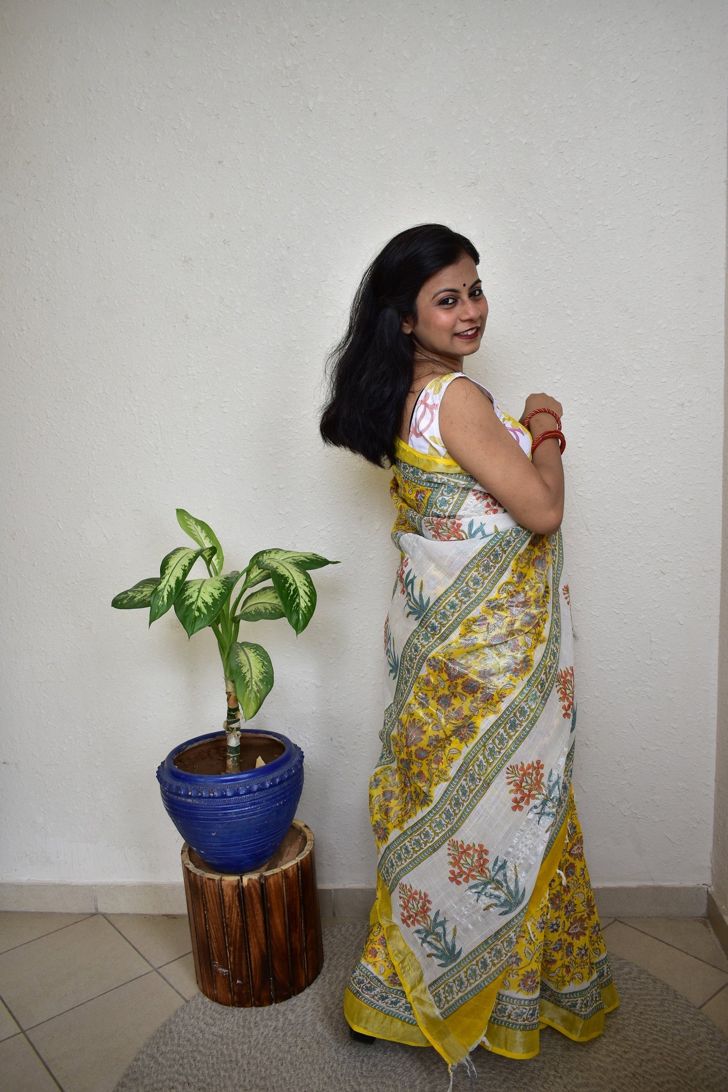 Marigold - White and Yellow Handblock Print Natural Dyed - Linen Cotton Saree