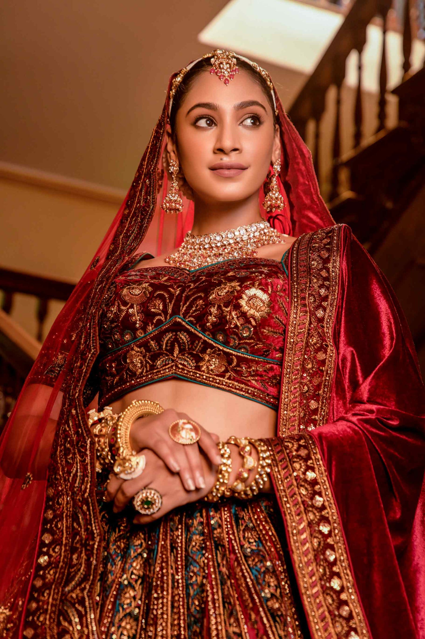 Red Velvet Sequins Embroidered Indian Bridal lehenga