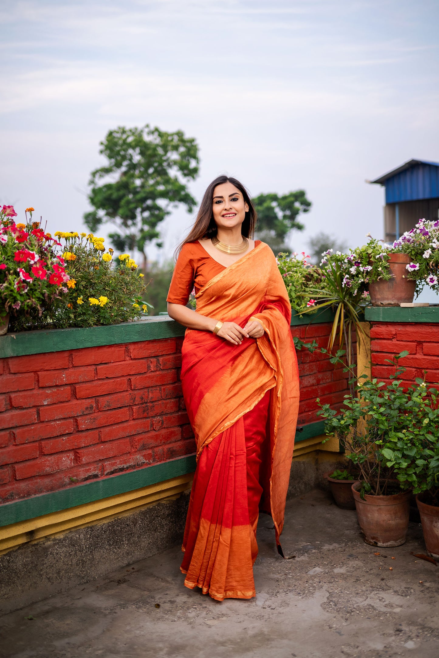 Red and Orange ombre chanderi silk saree