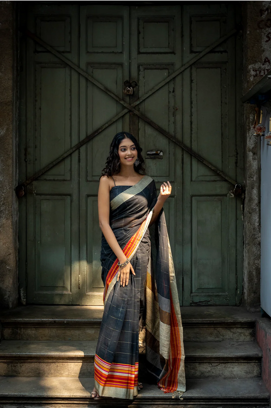 Handloom Black Pure Cotton Gold Zari Check Saree With Multi Colour Border