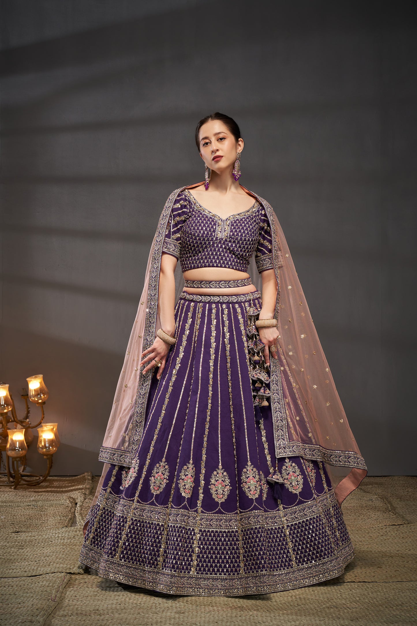 Purple Pure Silk Moti, Zarkan & heavy Sequin embroidery Bridal Lehenga choli