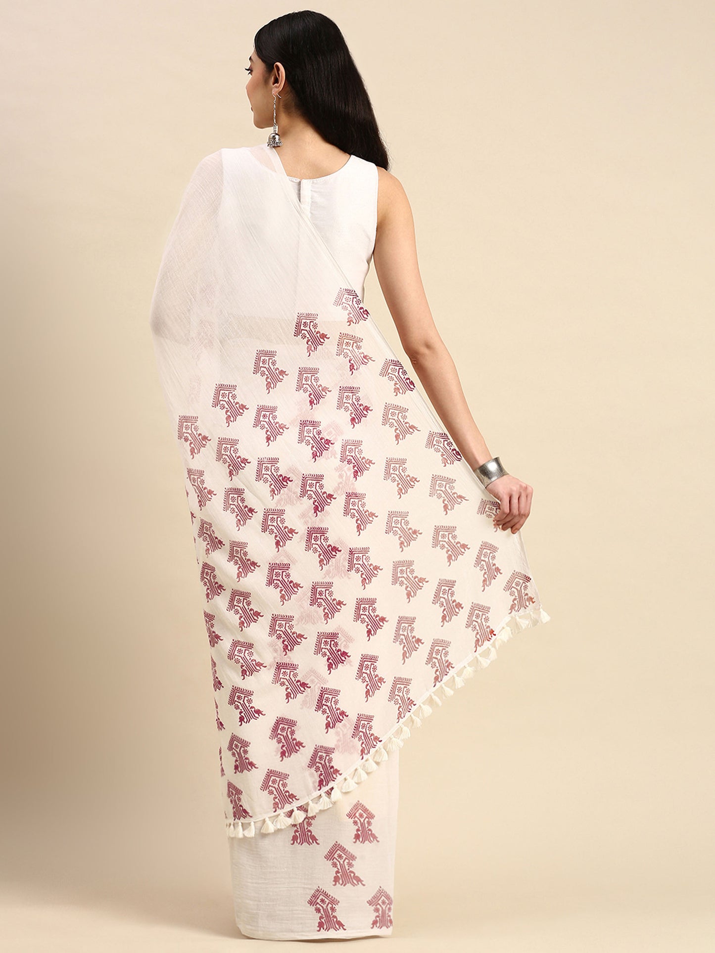 White mul cotton saree with block printed ethnic motif