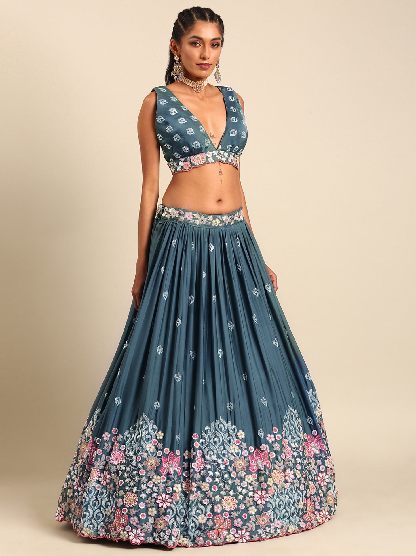 Teal Blue Chinon Sequins embroidery Lehenga
