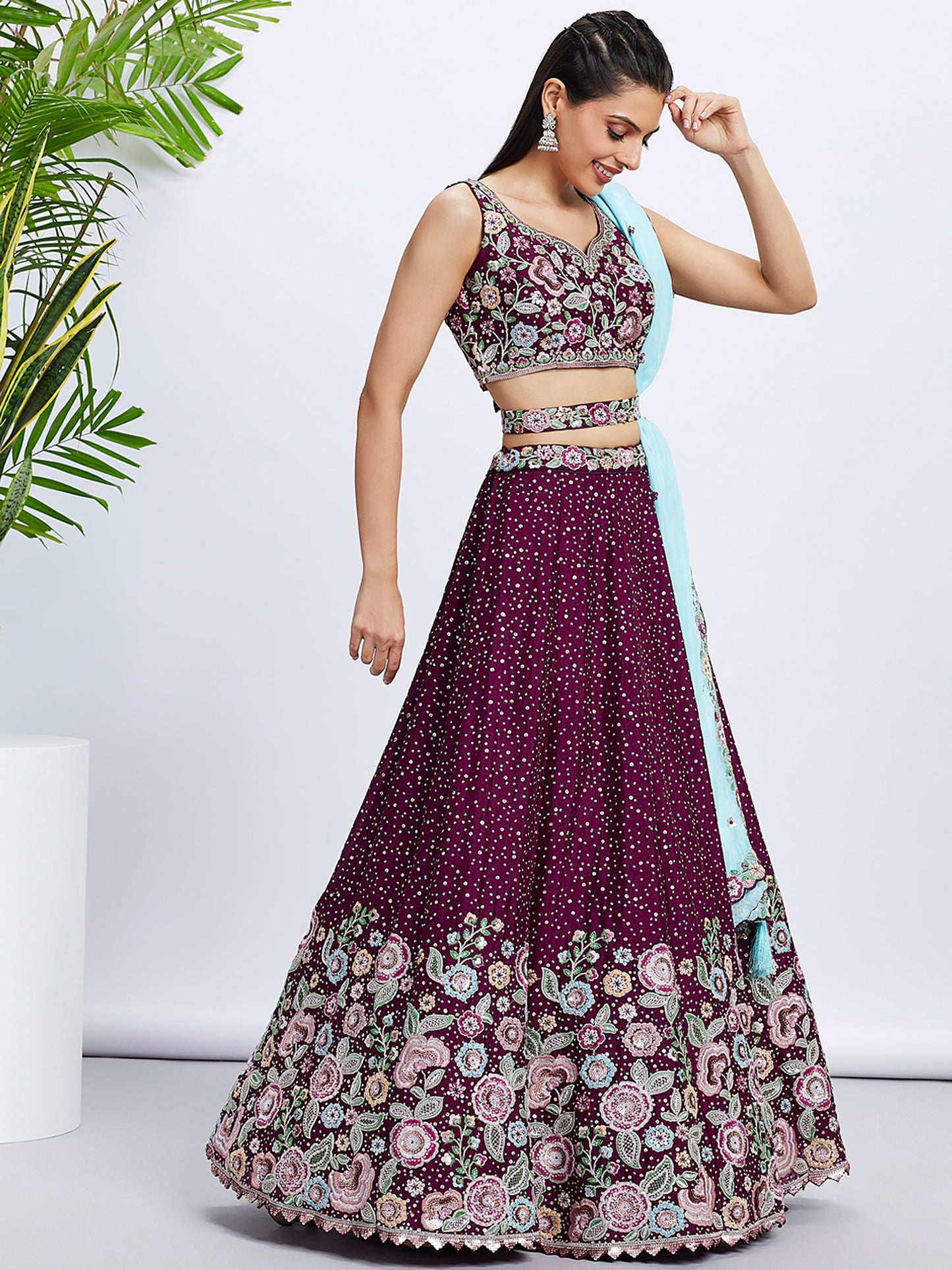 Burgundy Pure Chiffon Sequins and thread embroidery Lehenga choli