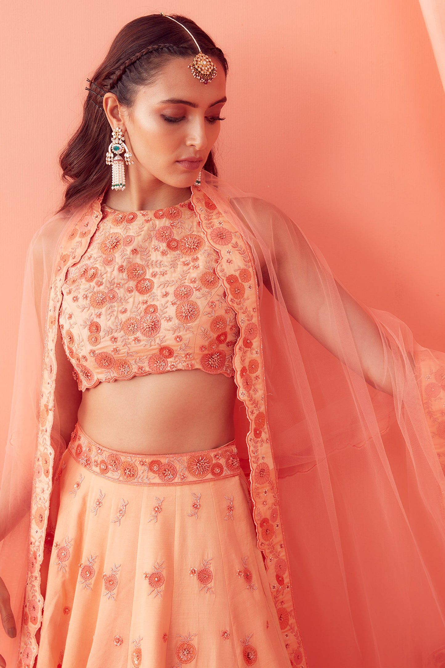 Peach Floral Applique Work Lehenga set - Aarambh