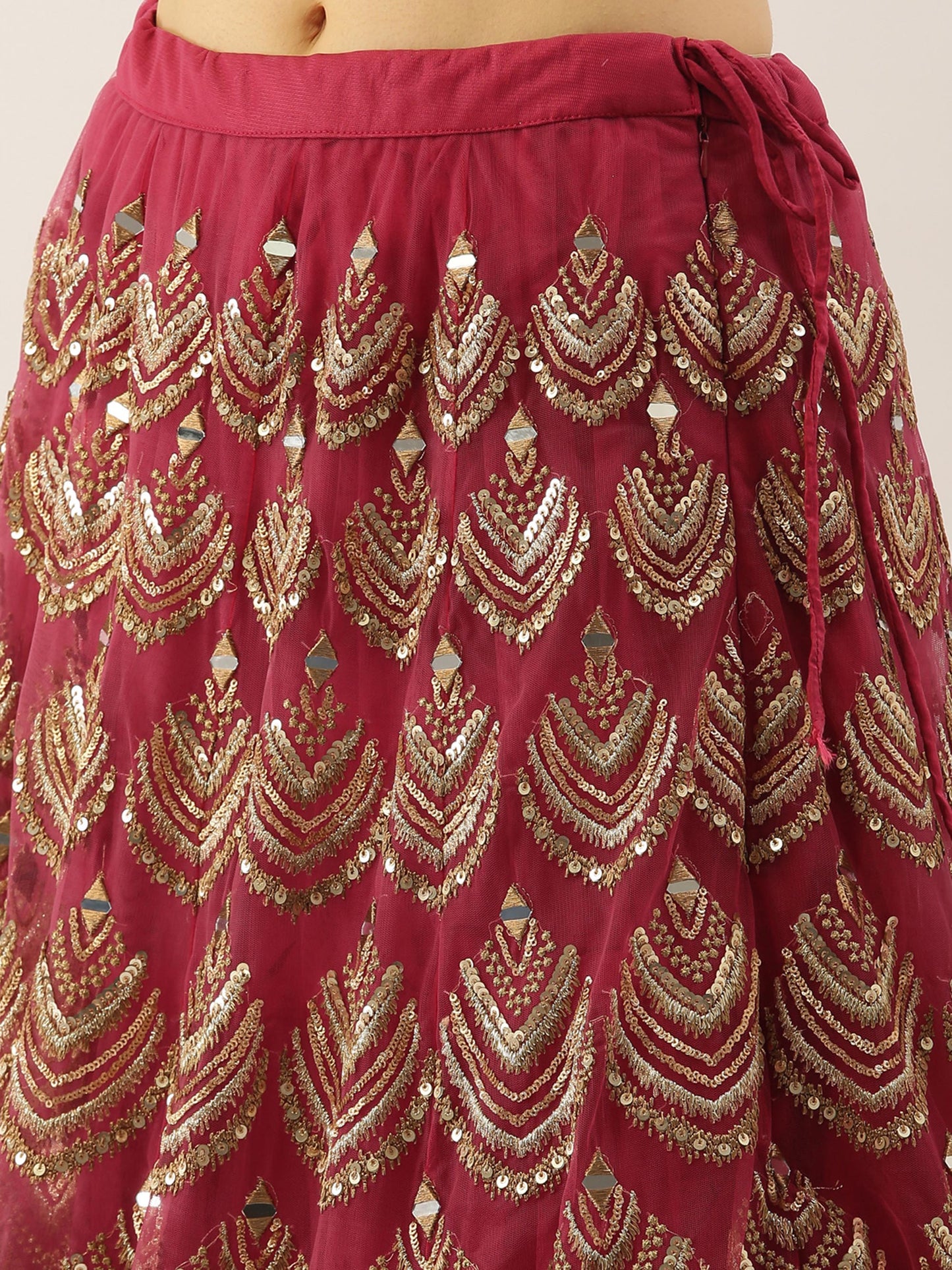 Women Rosegold Net Embroidered Mirror Semi-Stitched Lehenga & Unstitched Blouse with Dupatta