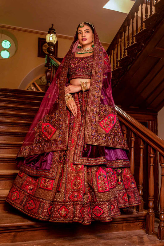 Red Velvet Sequins Embroidered Heavy Indian Bridal lehenga