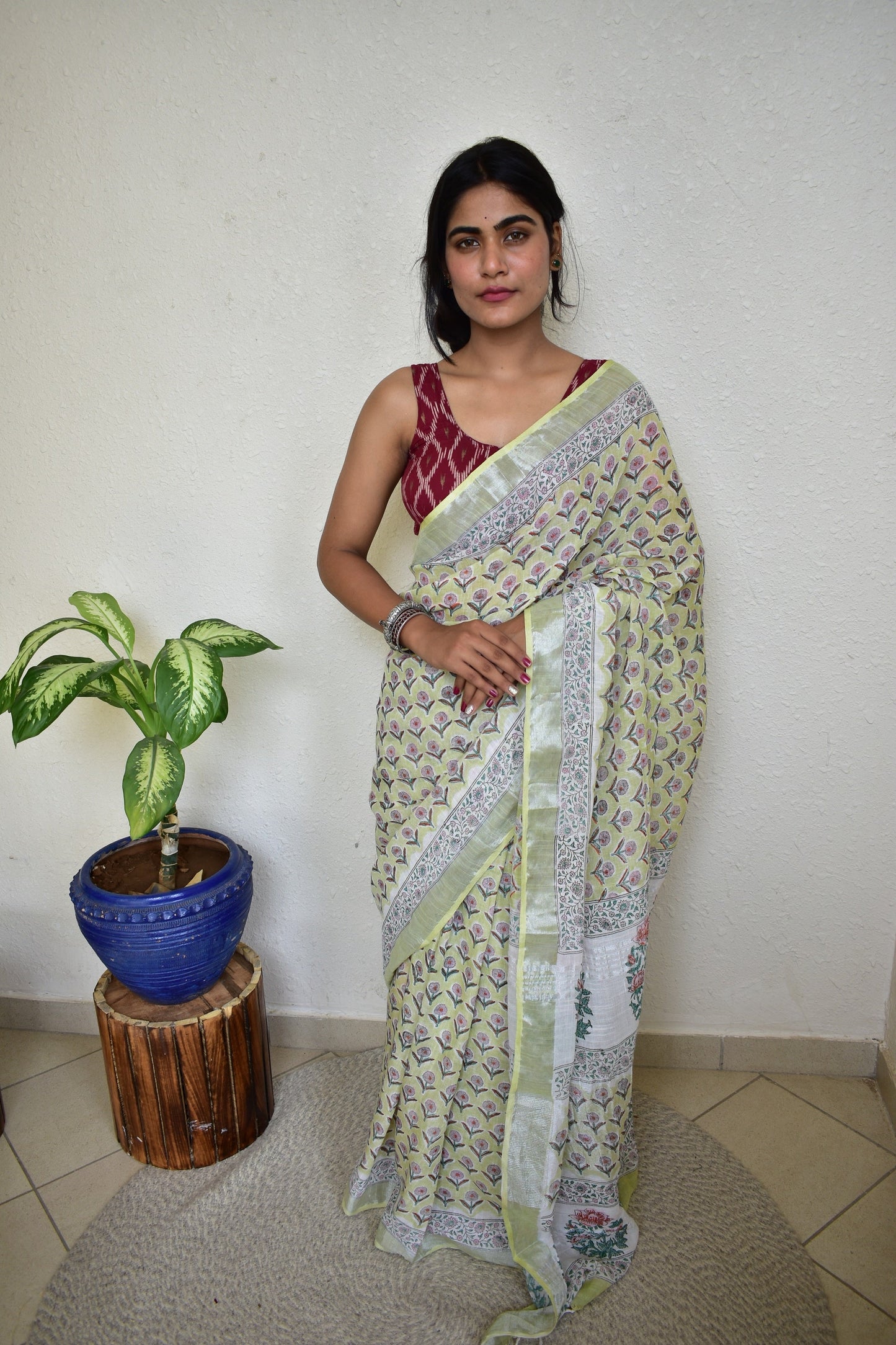 Sadabahar - Handblock Print Natural Dyed - Linen Cotton Saree