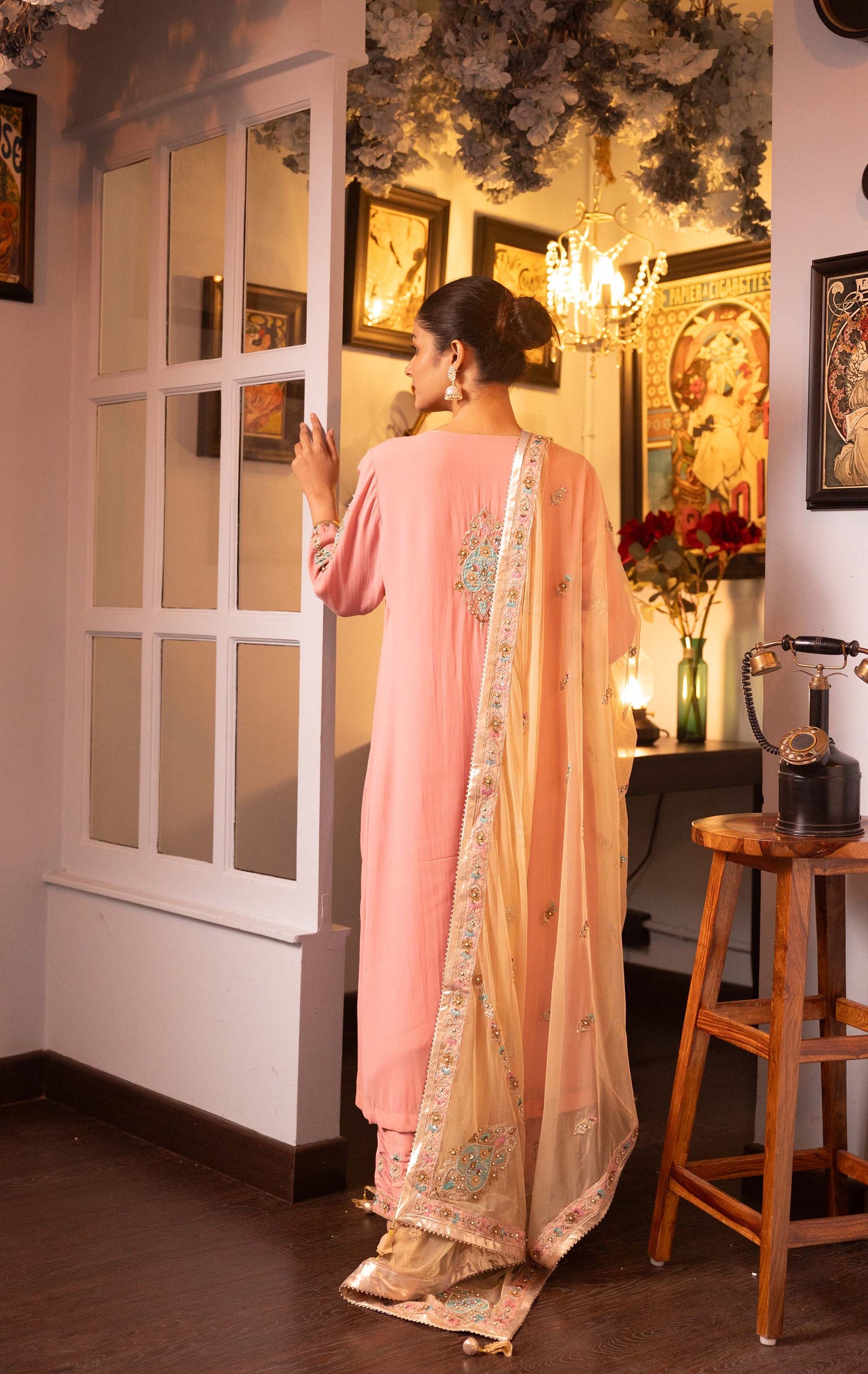 Pietra Dura Pink Georgette  Machine Embroidered Engagement Kurta set