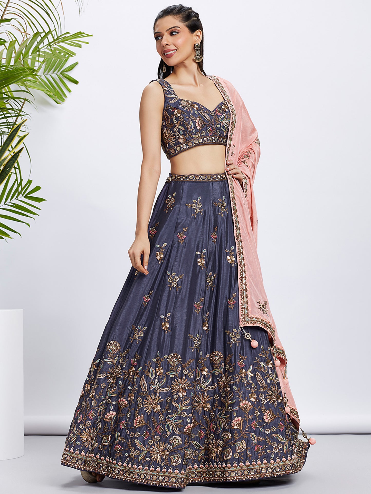 Violet Pure Chiffon Sequins and thread embroidery Lehenga choli & Dupatta