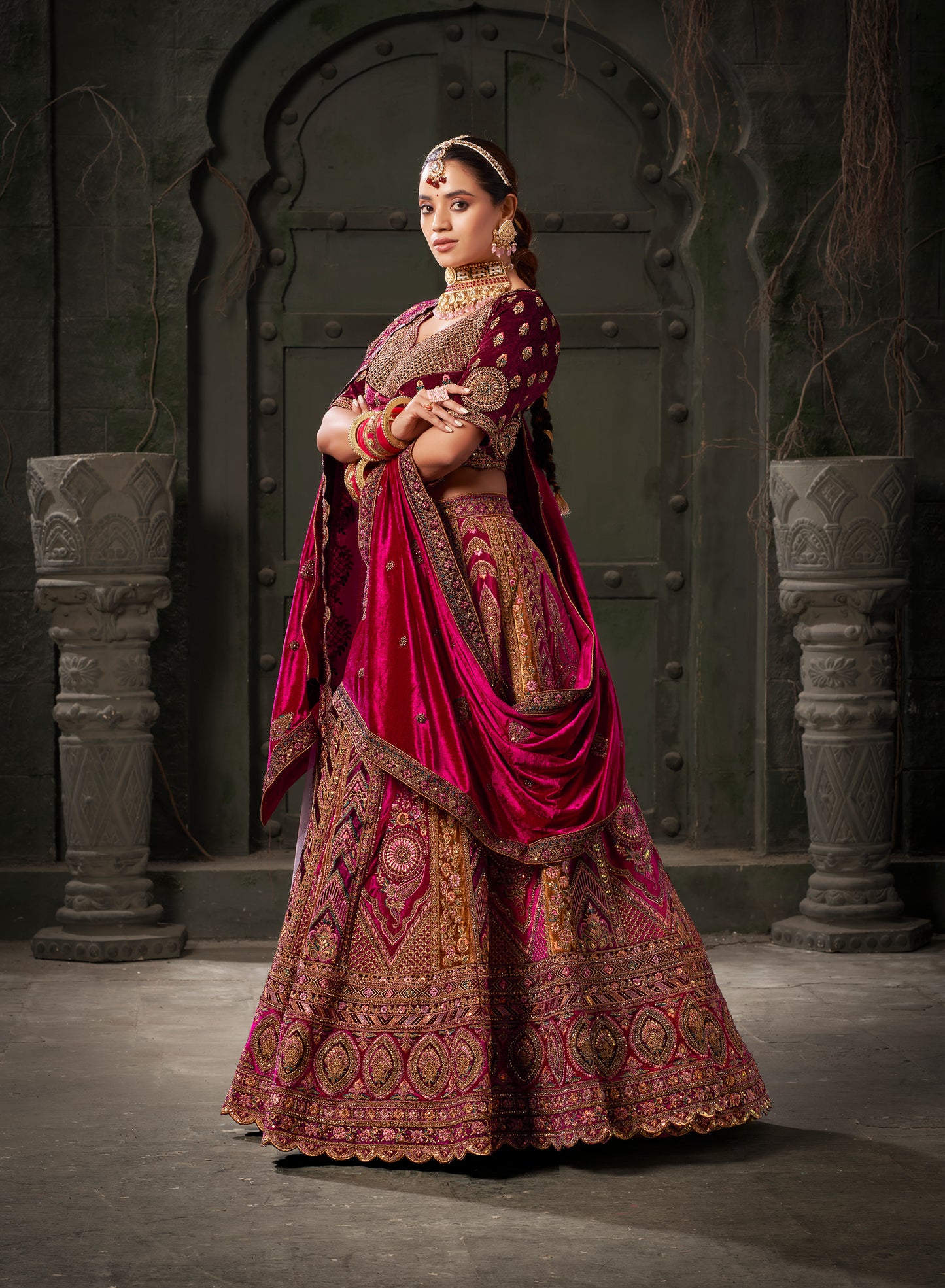 Rani and Mustard Premium Zarkan Embroidered Lycra Velvet Bridal Lehenga with Double Dupatta