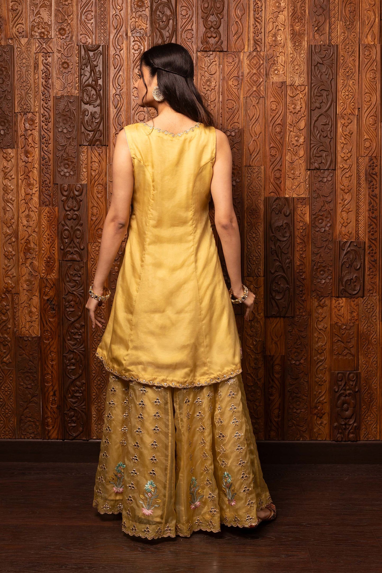 Tales of grace Yellow organza silk Embroidered Mehendi Sharara