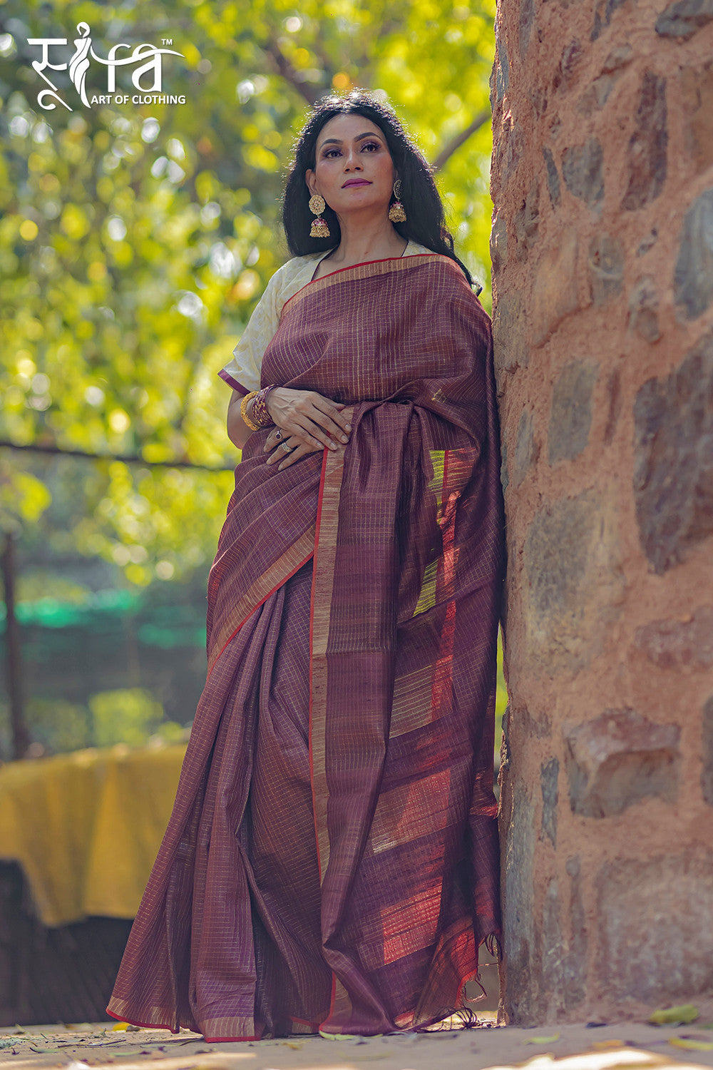 Handloom Maroon Bhagalpur Silk Saree With Gold Zari Checks