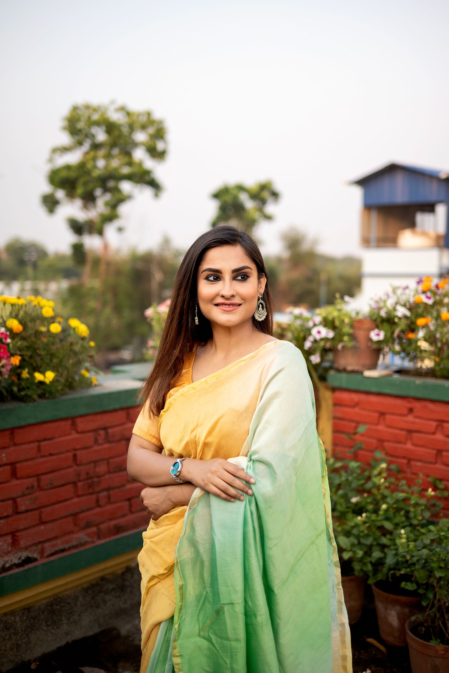 Green and Brown ombre chanderi silk saree