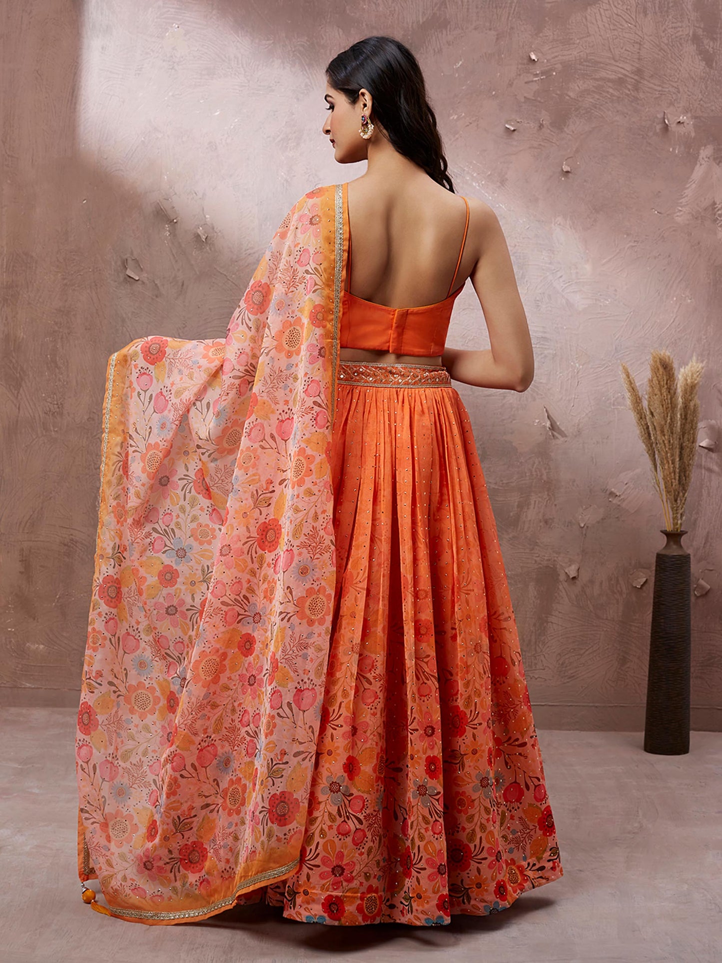 Orange Organza Floral Printed Lehenga choli & Dupatta