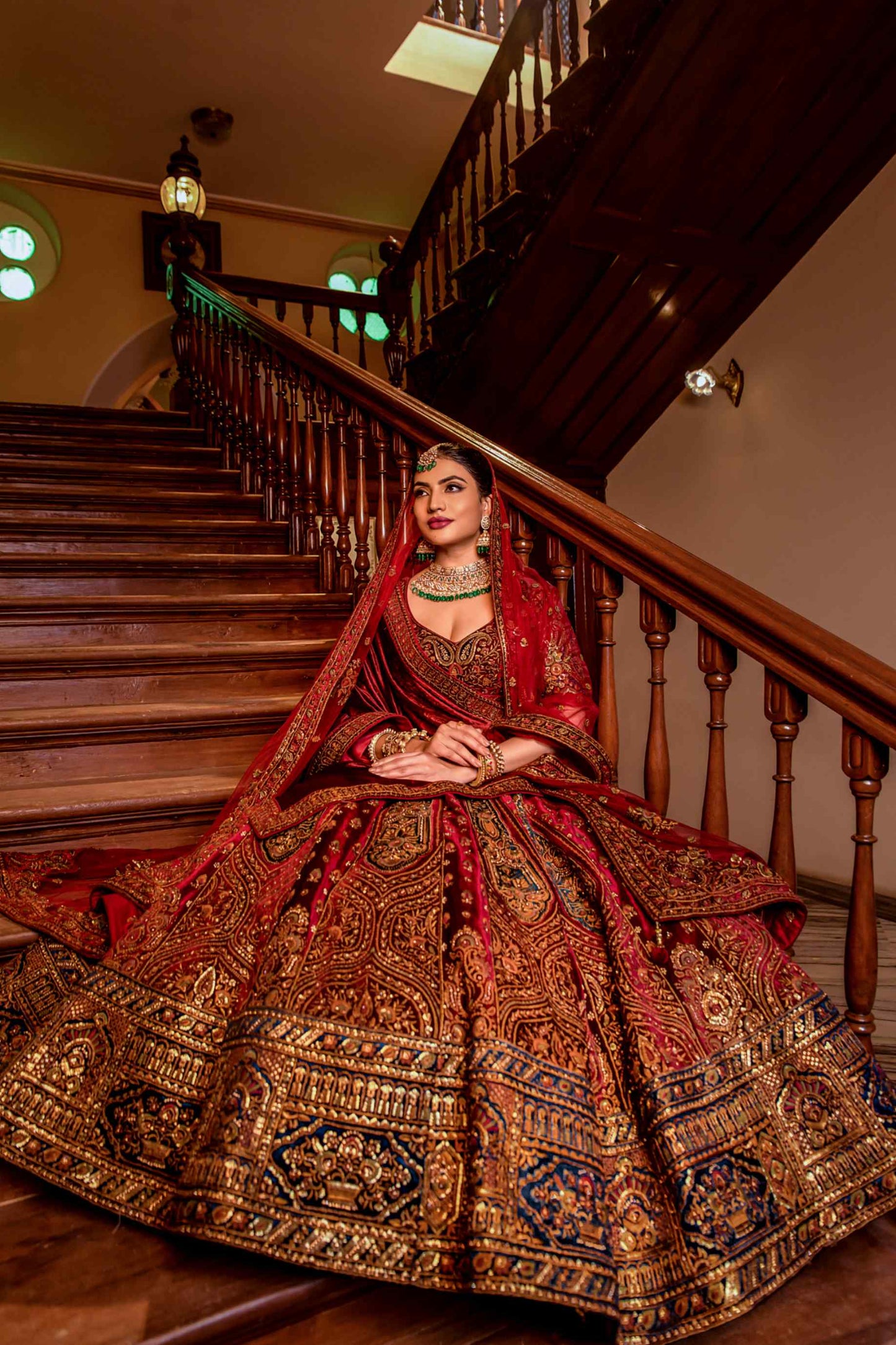 Red Velvet Sequins Embroidered Indian Bridal lehenga