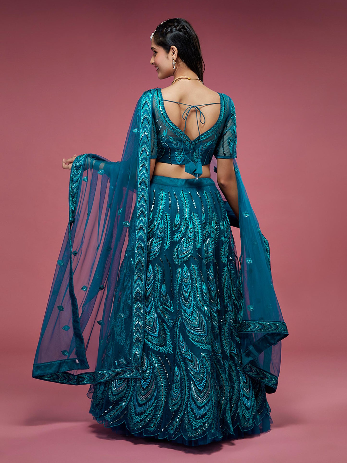 Teal Net Embroidered Sequins Lehenga Blouse with Dupatta