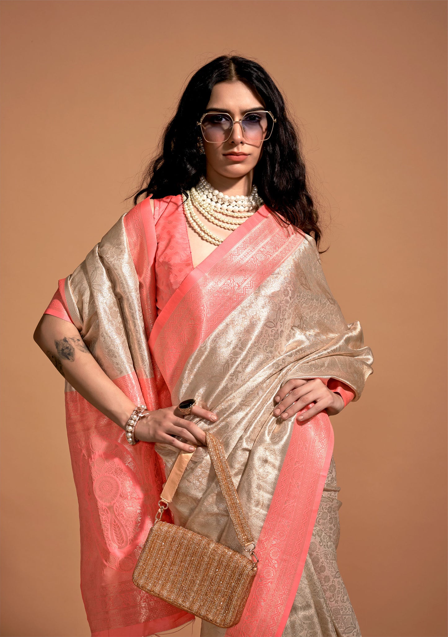 Beige Kanjeepuram Silk Handwoven Mohi Saree