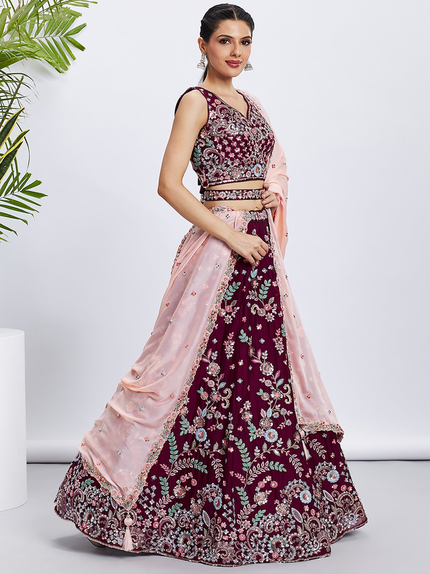 Burgundy Pure Georgette Sequins and thread embroidery Lehenga choli