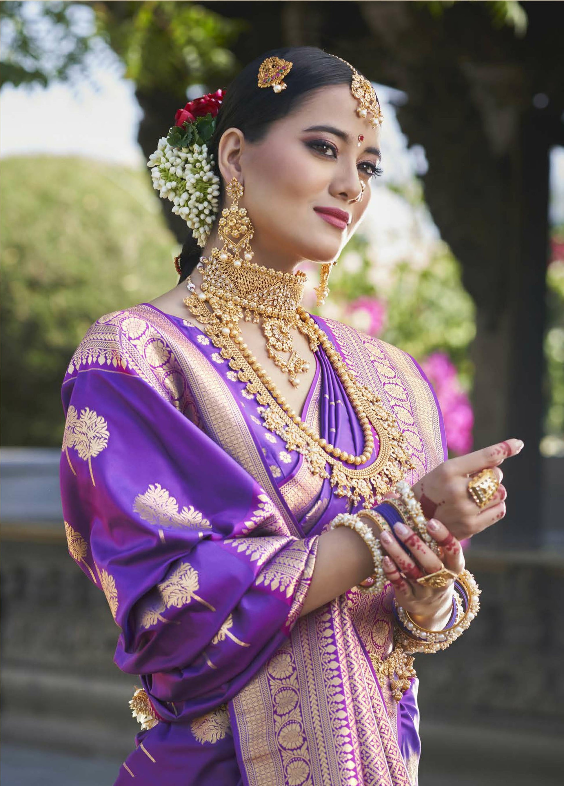 Purple Color Gold Zari Butta Silk Saree