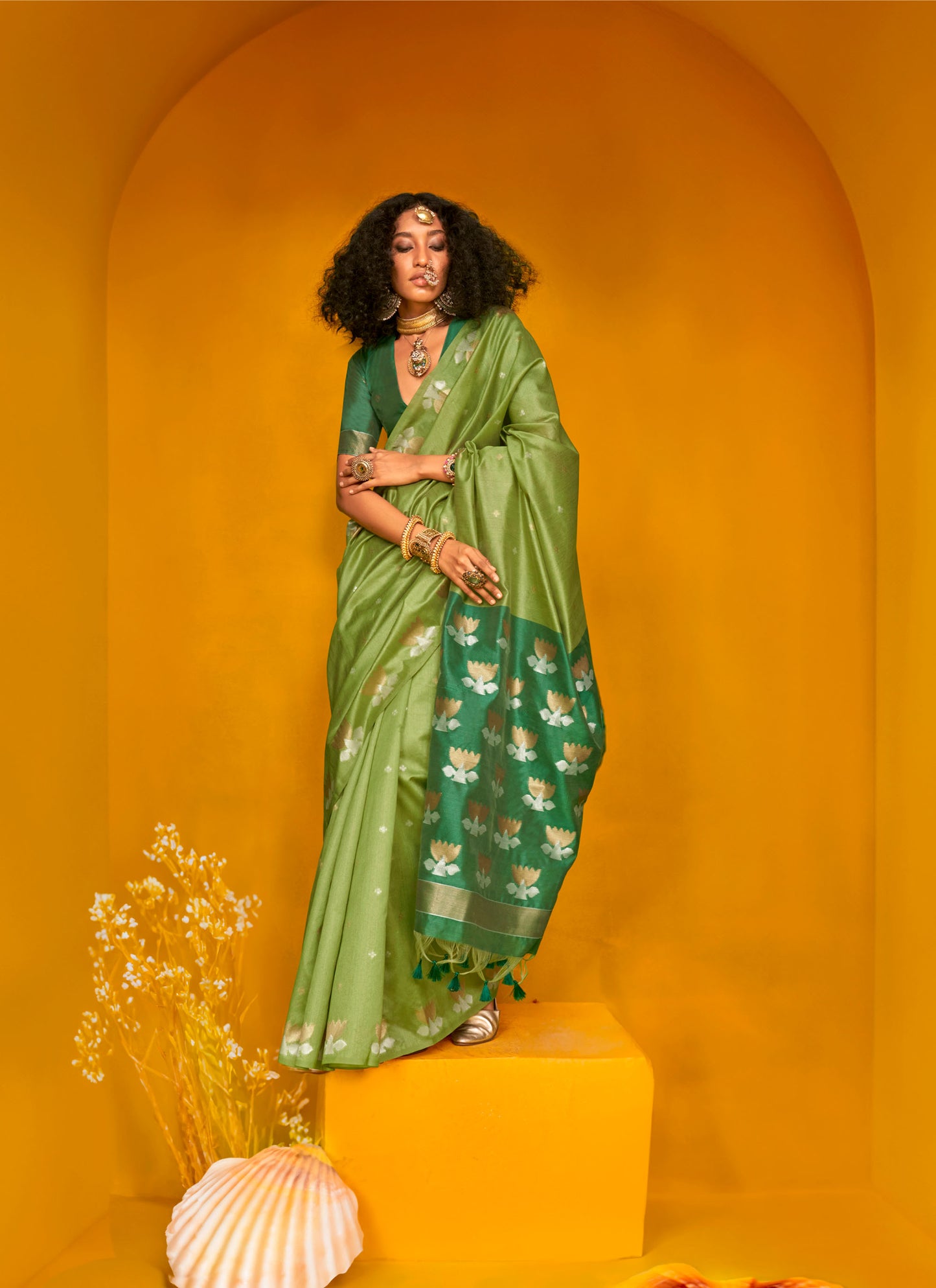 Green Krystal Lotus Tussar Handloom Saree