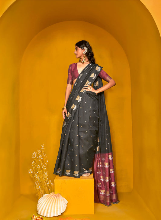 Black Krystal Lotus Tussar Handloom Saree