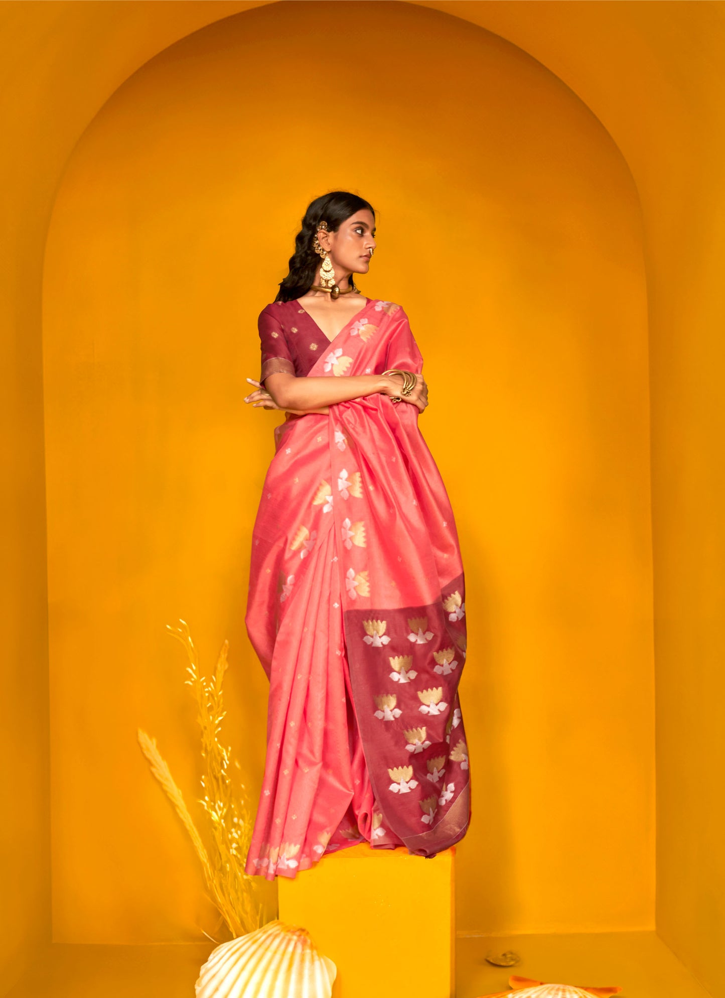 Pink Krystal Lotus Tussar Handloom Saree