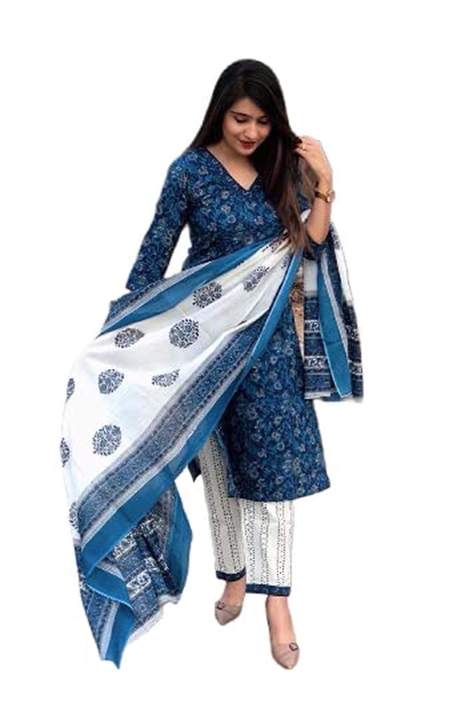 Women Blue Floral Print Viscose Rayon Kurta And Pant Set