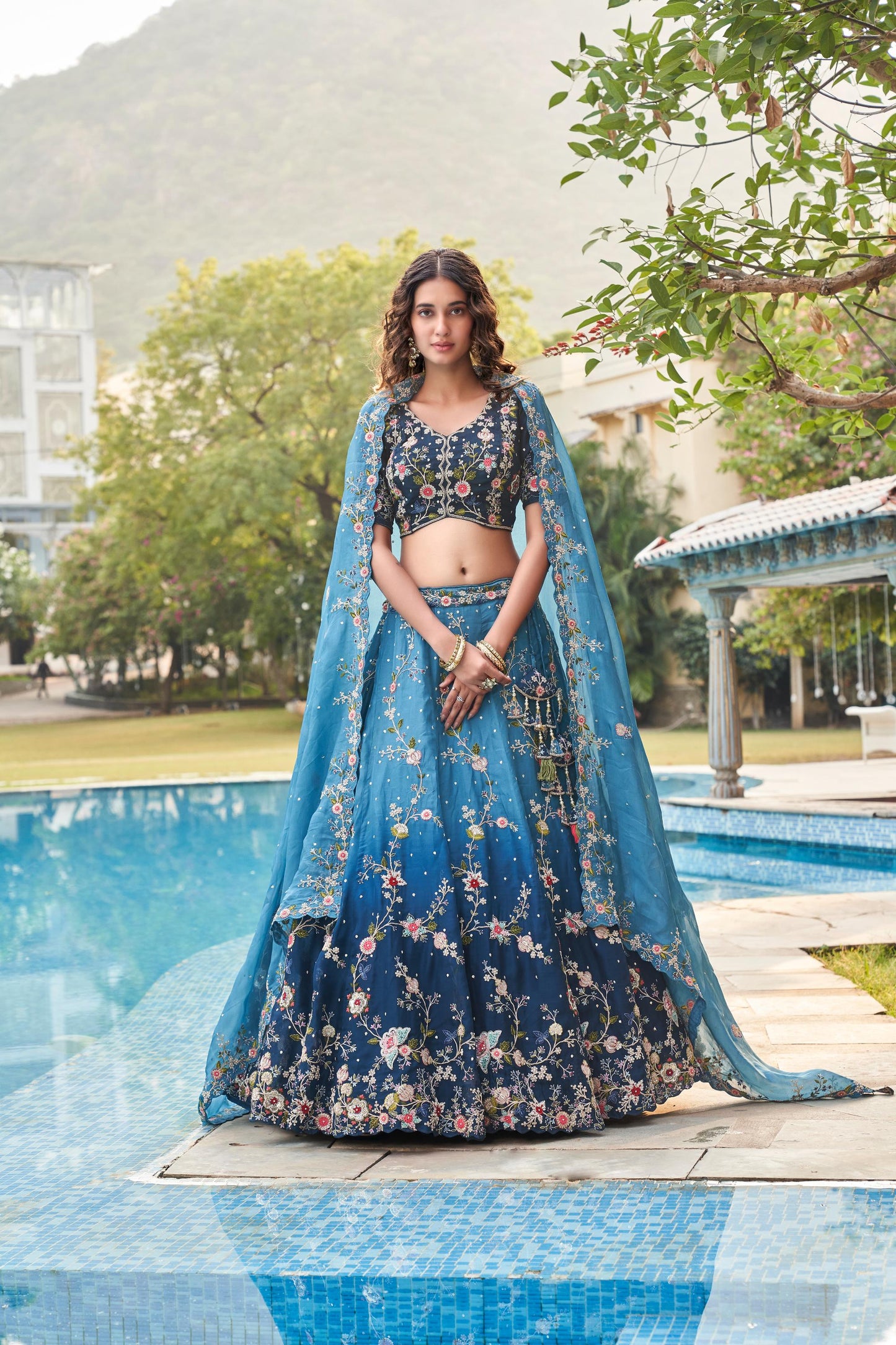 Blue Zari Work Embellished Organza Bridesmaid Lehenga