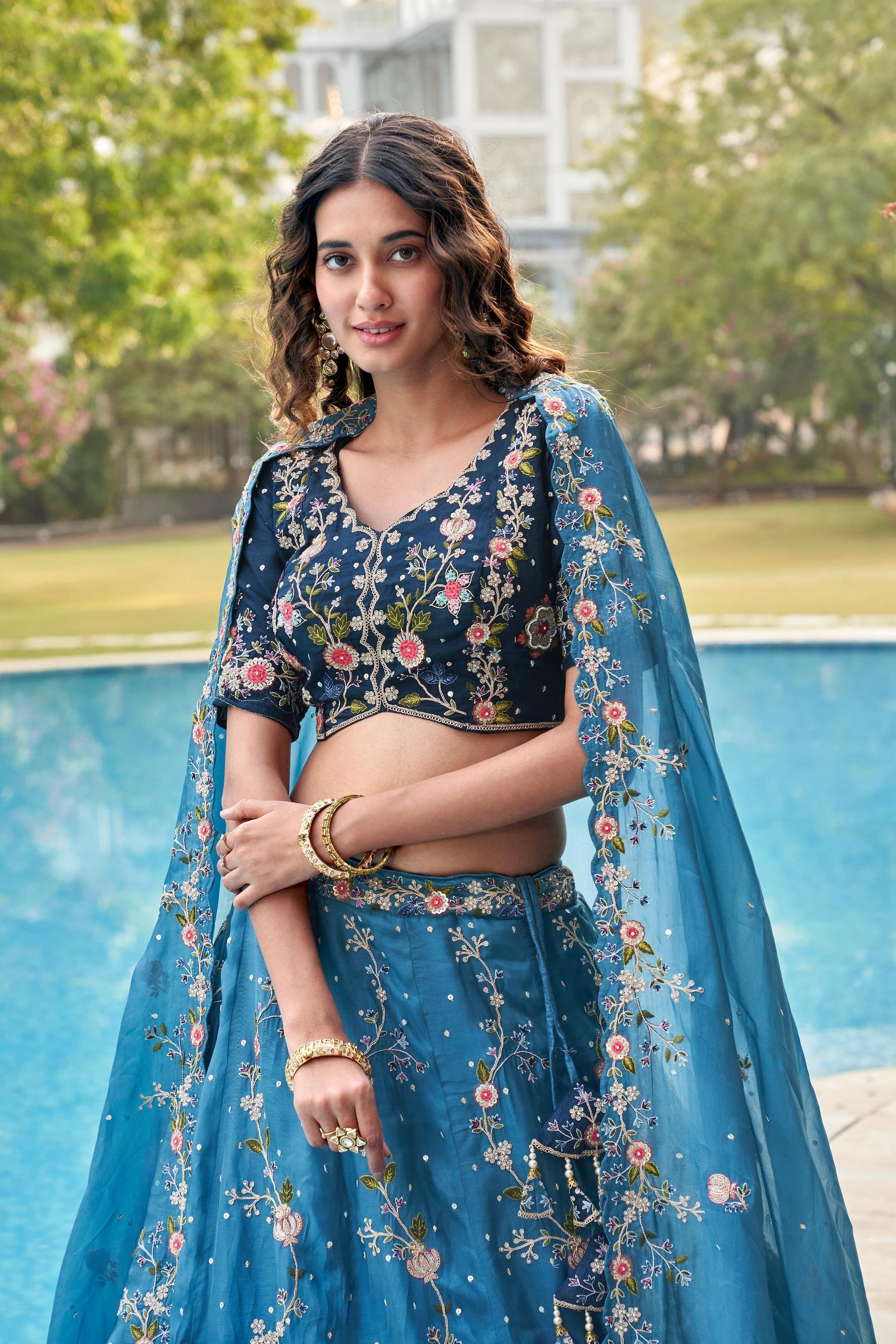 Blue Zari Work Embellished Organza Bridesmaid Lehenga