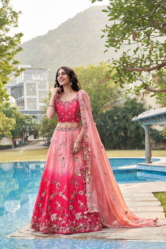 Pink Zari Work Embellished Organza Bridesmaid Lehenga