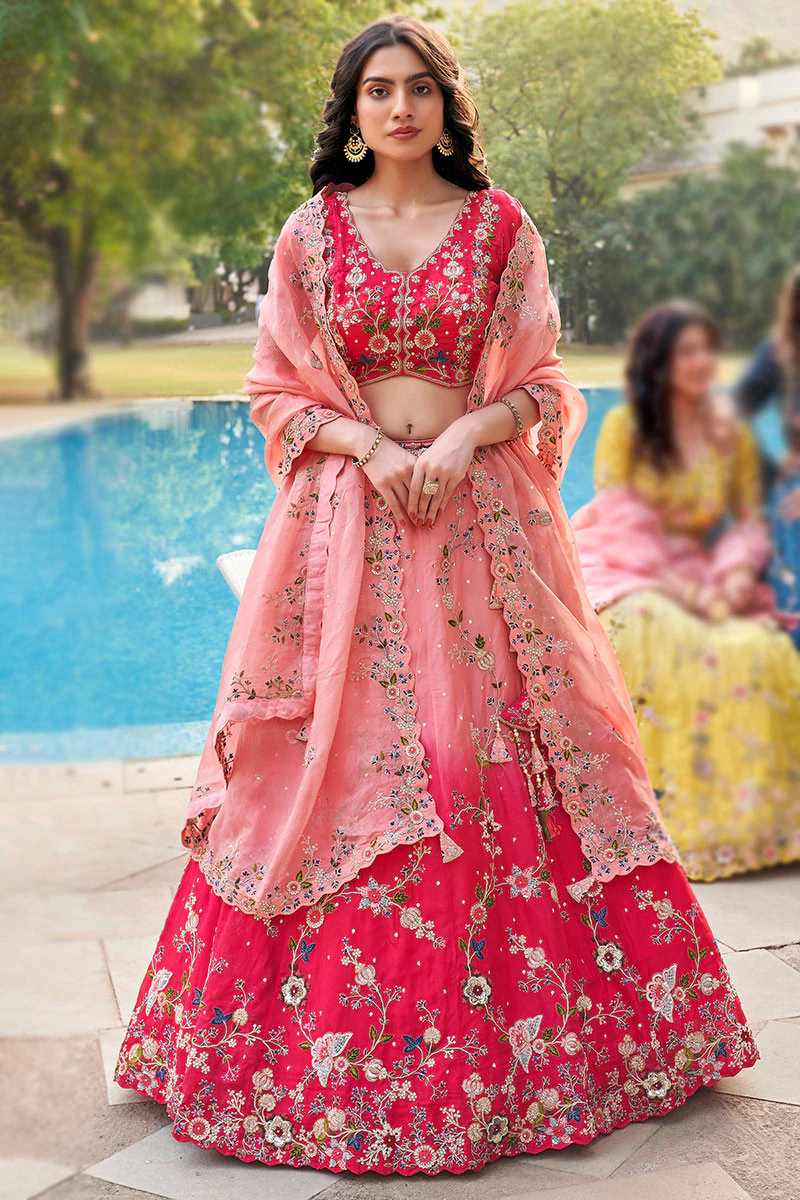 Pink Zari Work Embellished Organza Bridesmaid Lehenga