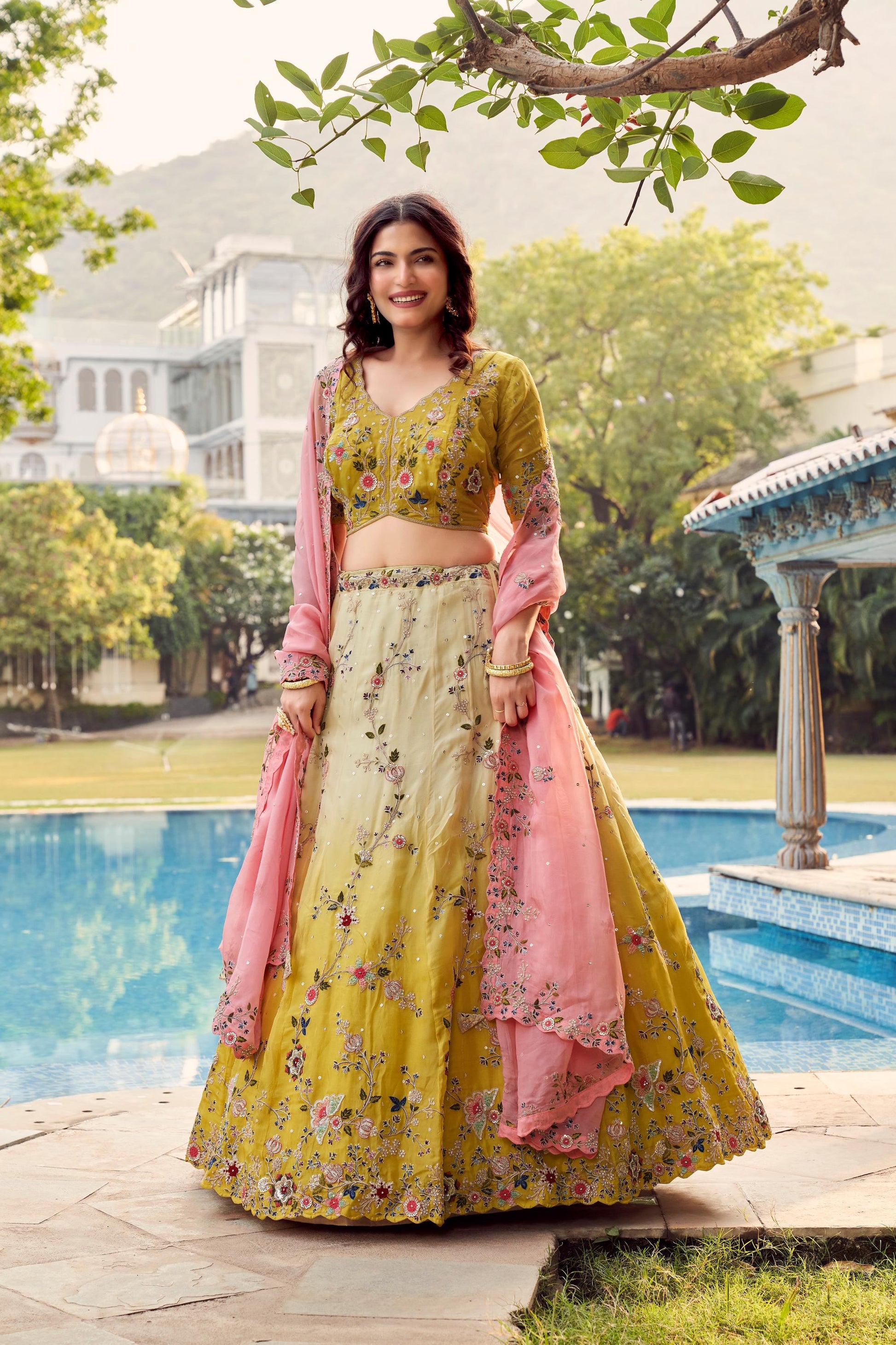 Green Zari Work Embellished Organza Bridesmaid Lehenga