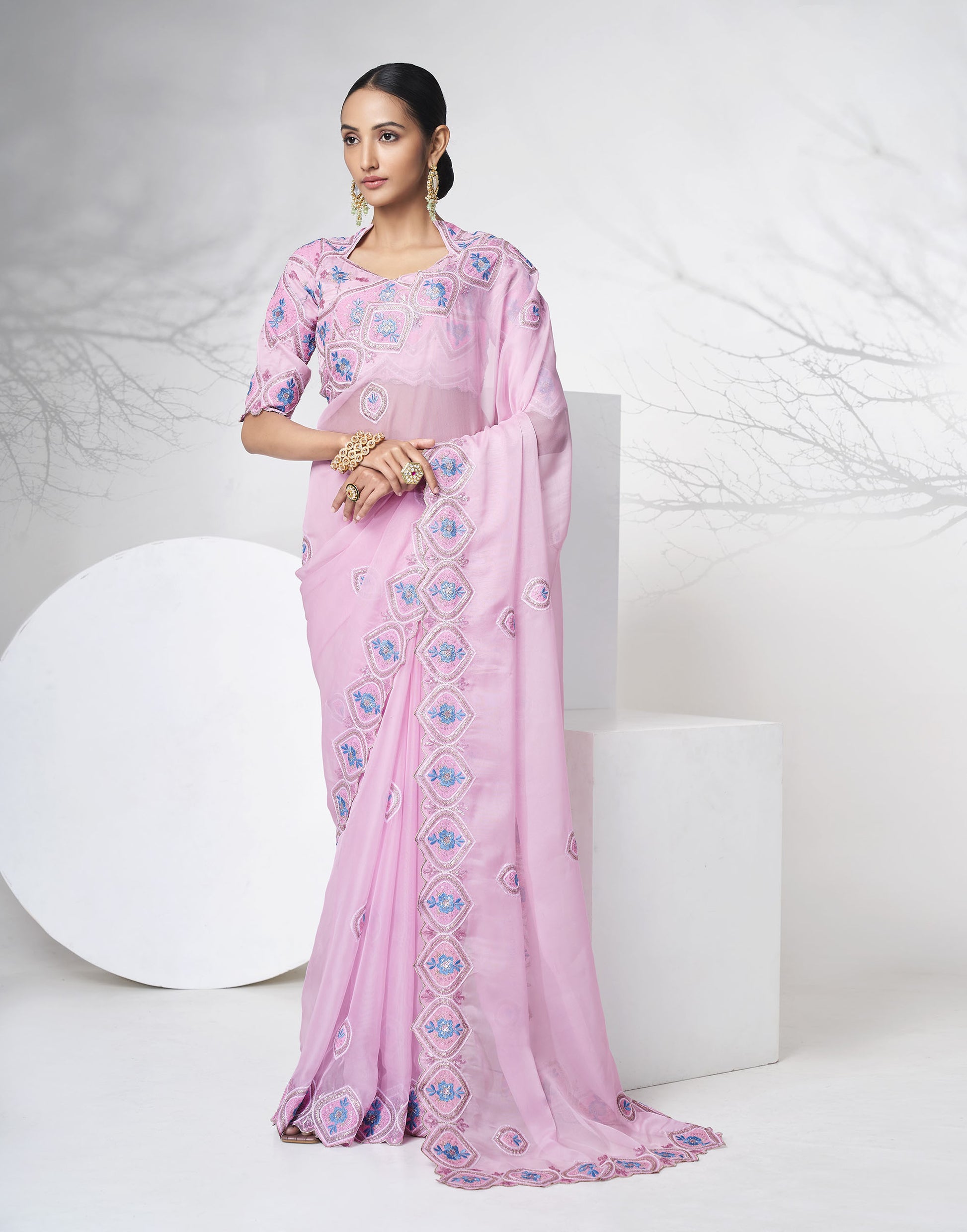 Purple Color Floral Embroidered Organza Saree