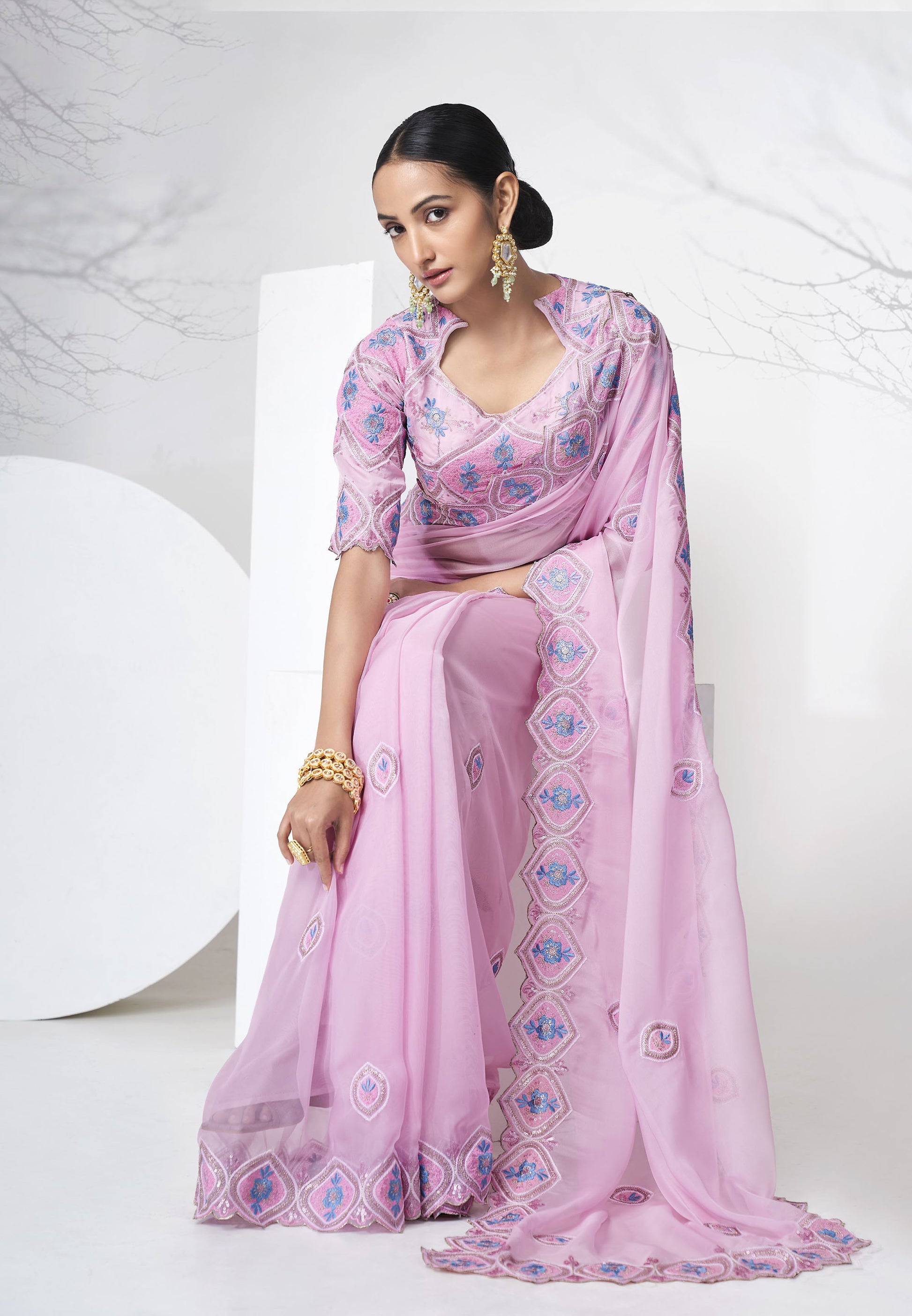 Purple Color Floral Embroidered Organza Saree