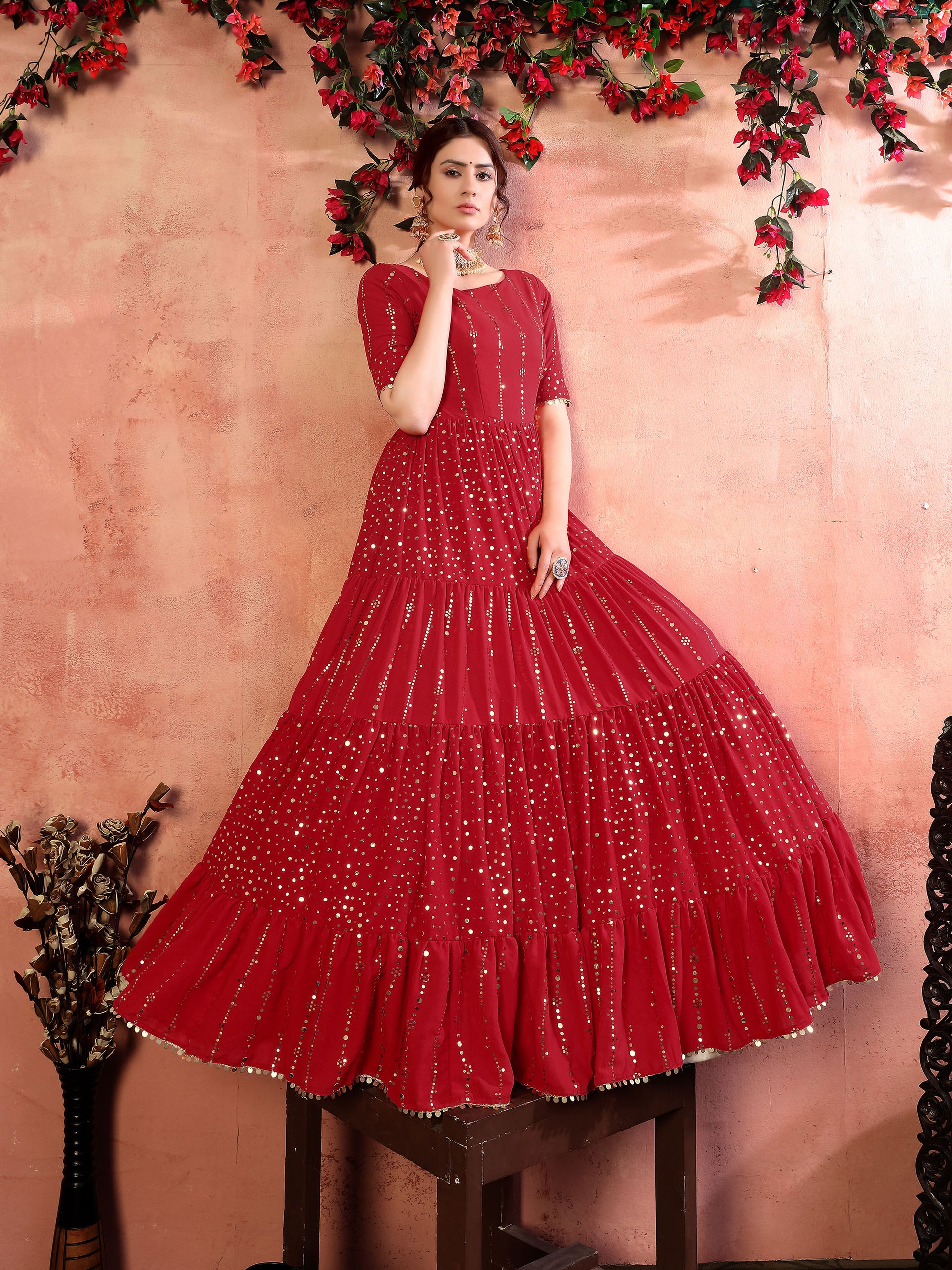 Red Georgette Fancy Golden Sequence Embroidery Festive Gown