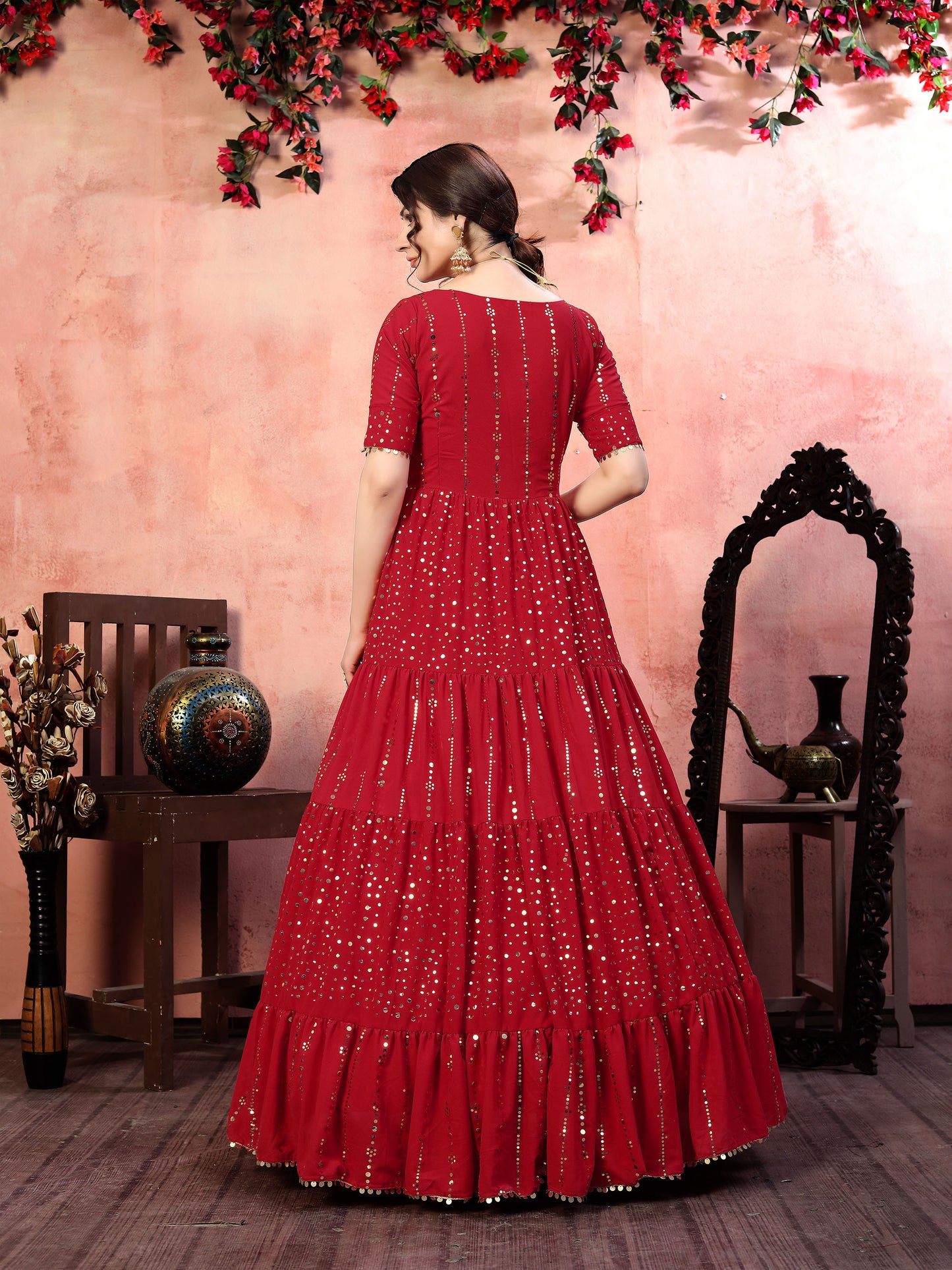 Red Georgette Fancy Golden Sequence Embroidery Festive Gown