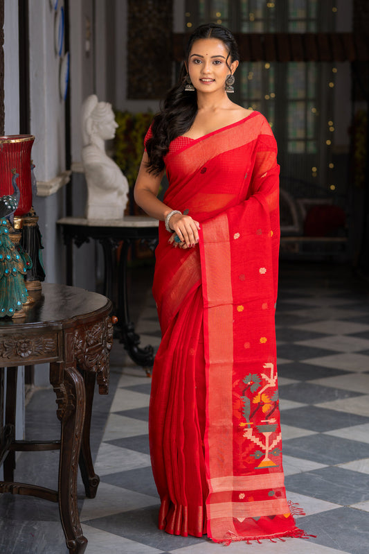 Handloom Red Pure Linen Jamdani Saree with Gold Zari Border