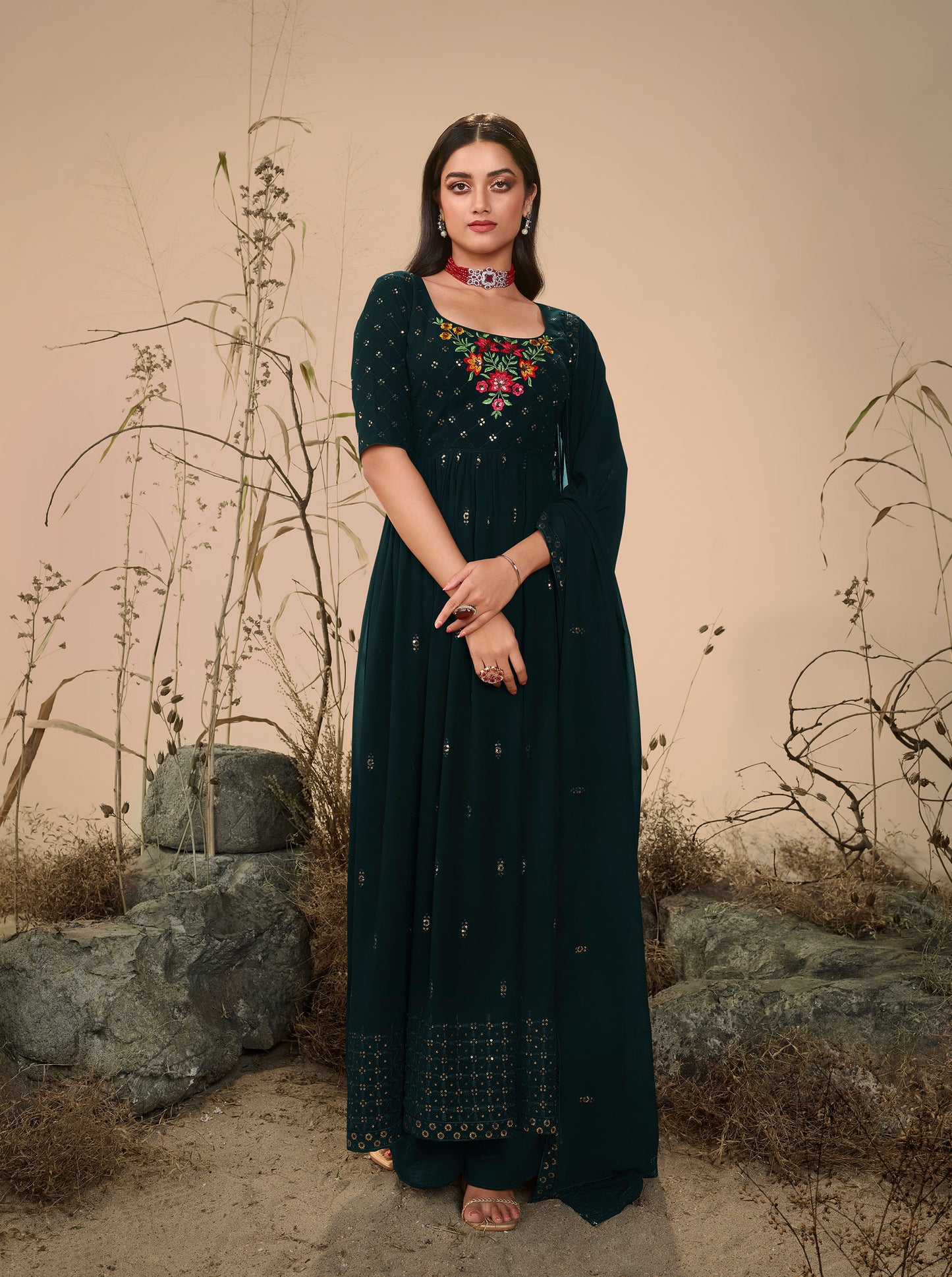 Dark Olive Green Georgette Sequence Work Partywear Anarkali