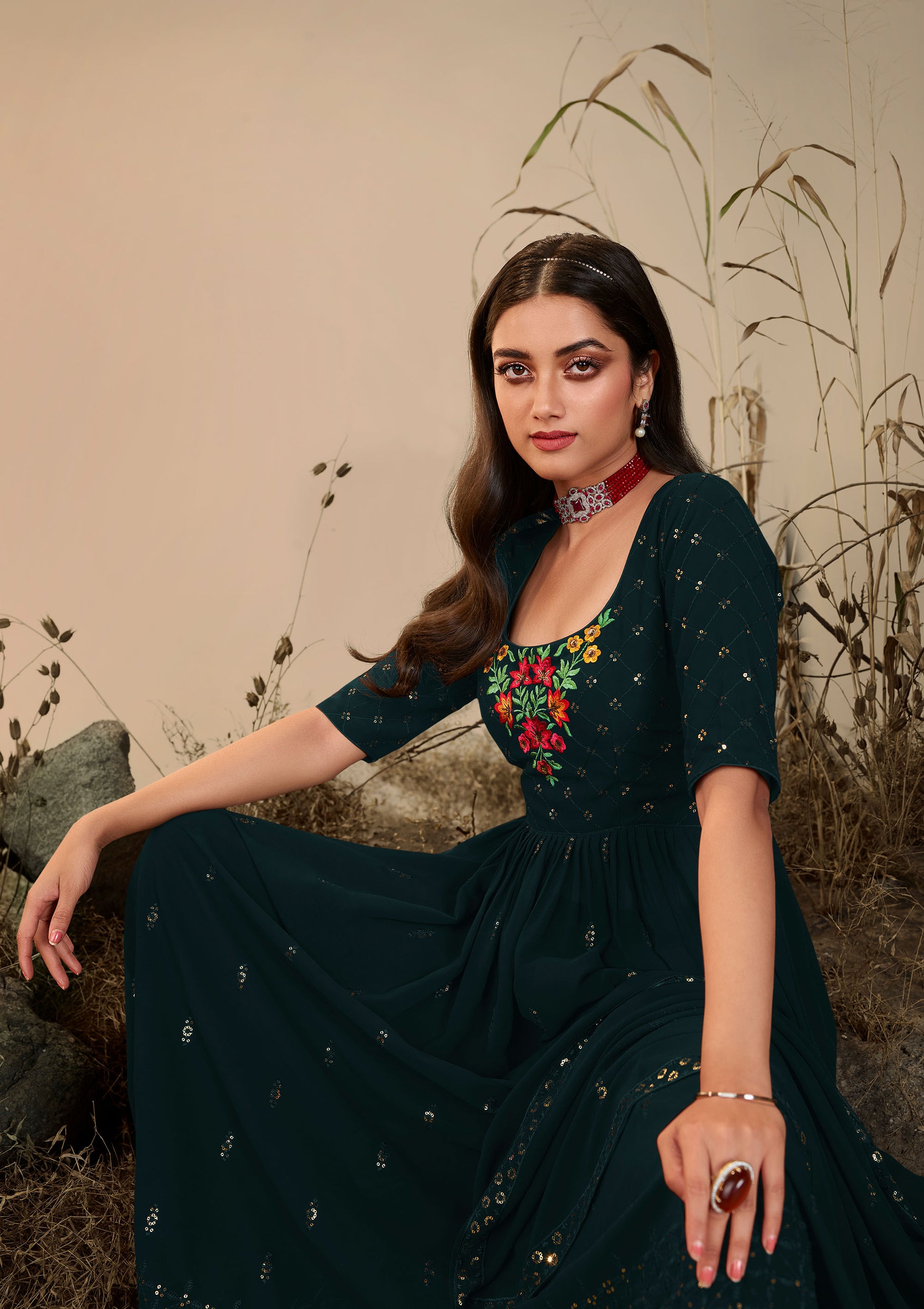 Dark Olive Green Georgette Sequence Work Partywear Anarkali