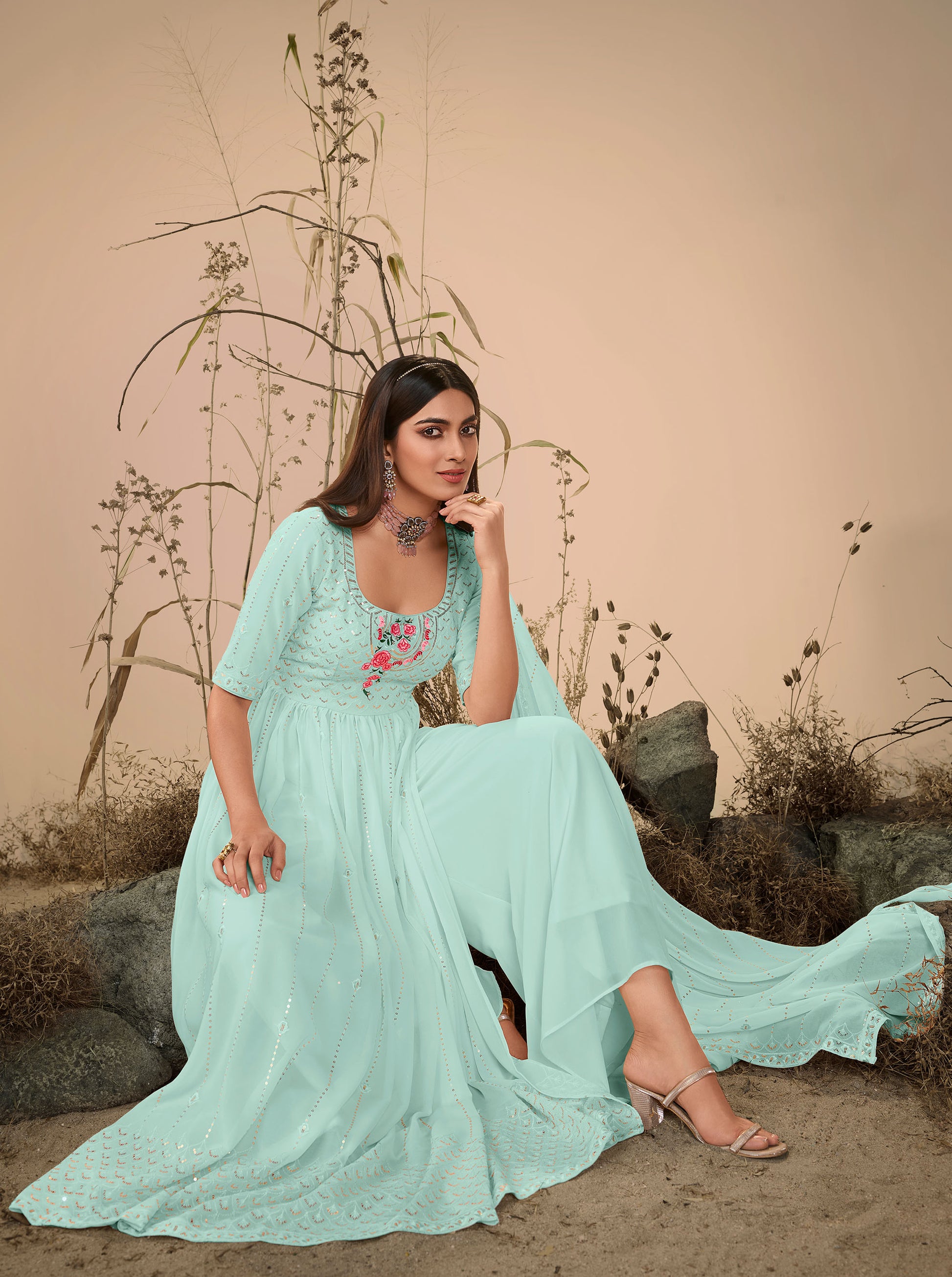 Sky Blue Georgette Sequence Work Partywear Anarkali