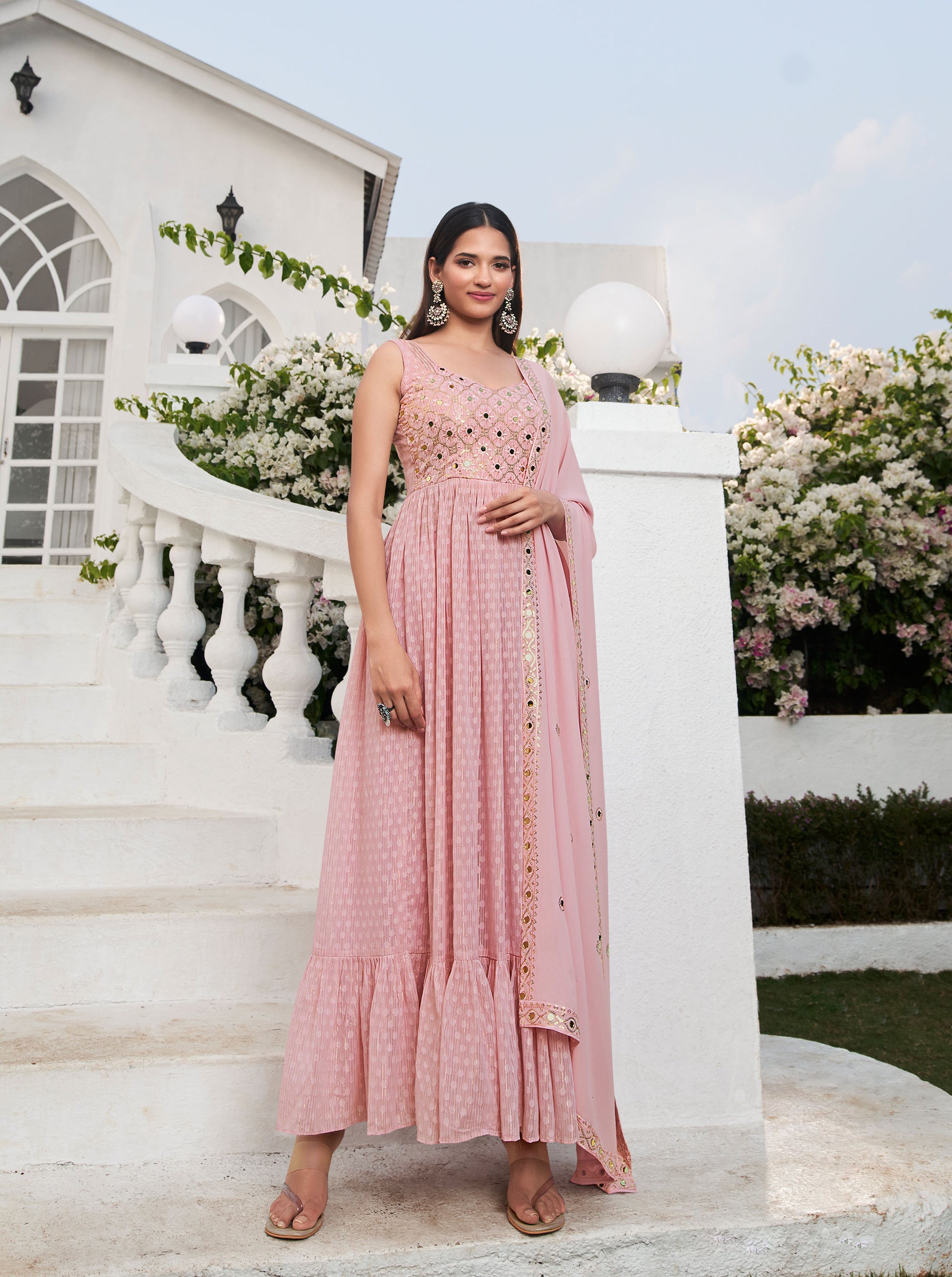 Pink Sequins Embroidery Georgette Anarkali for Wedding guest