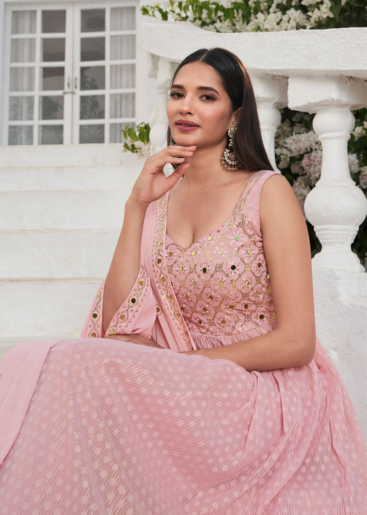 Pink Sequins Embroidery Georgette Anarkali for Wedding guest